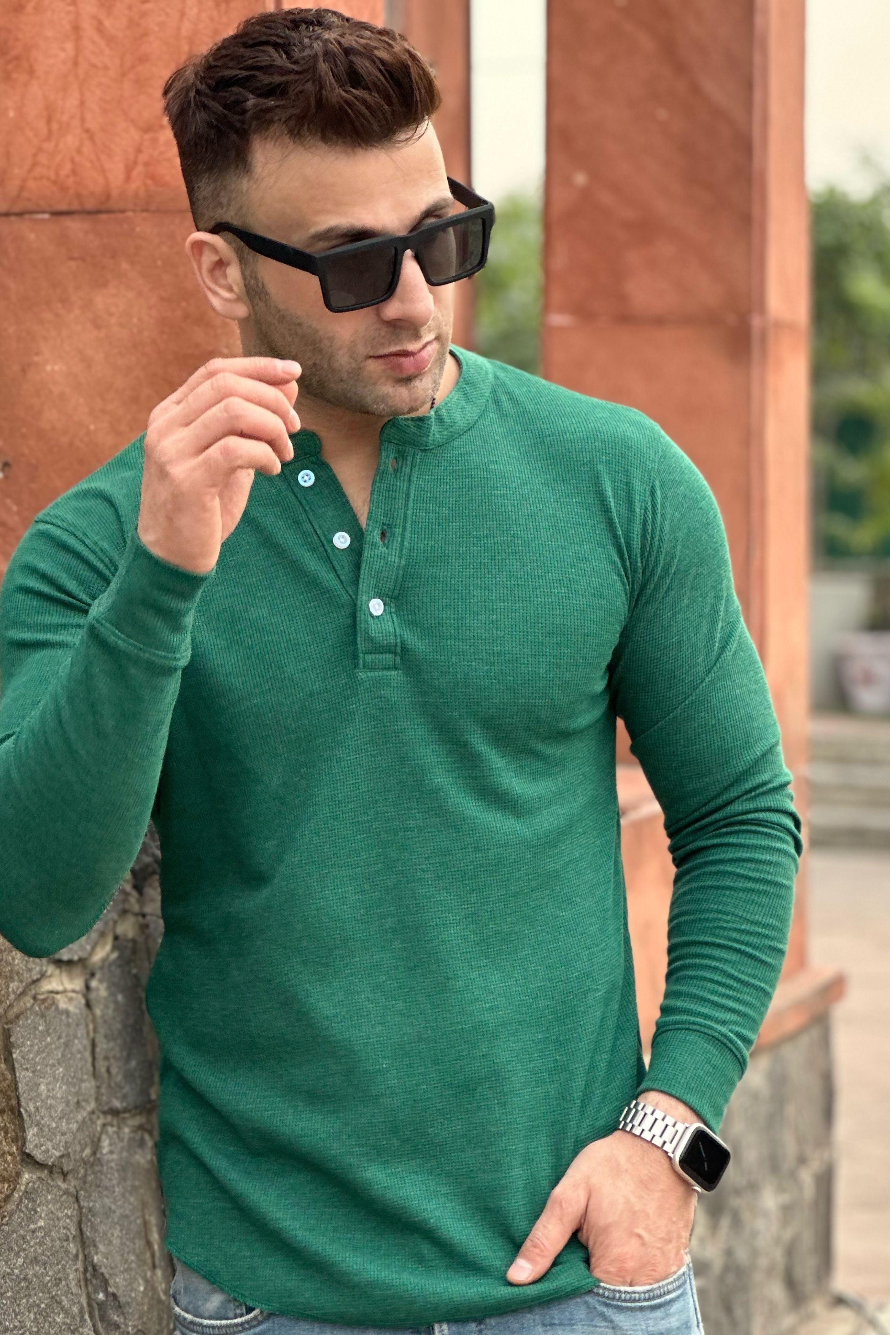 Green Waffle Knit Henley Neck T-Shirt