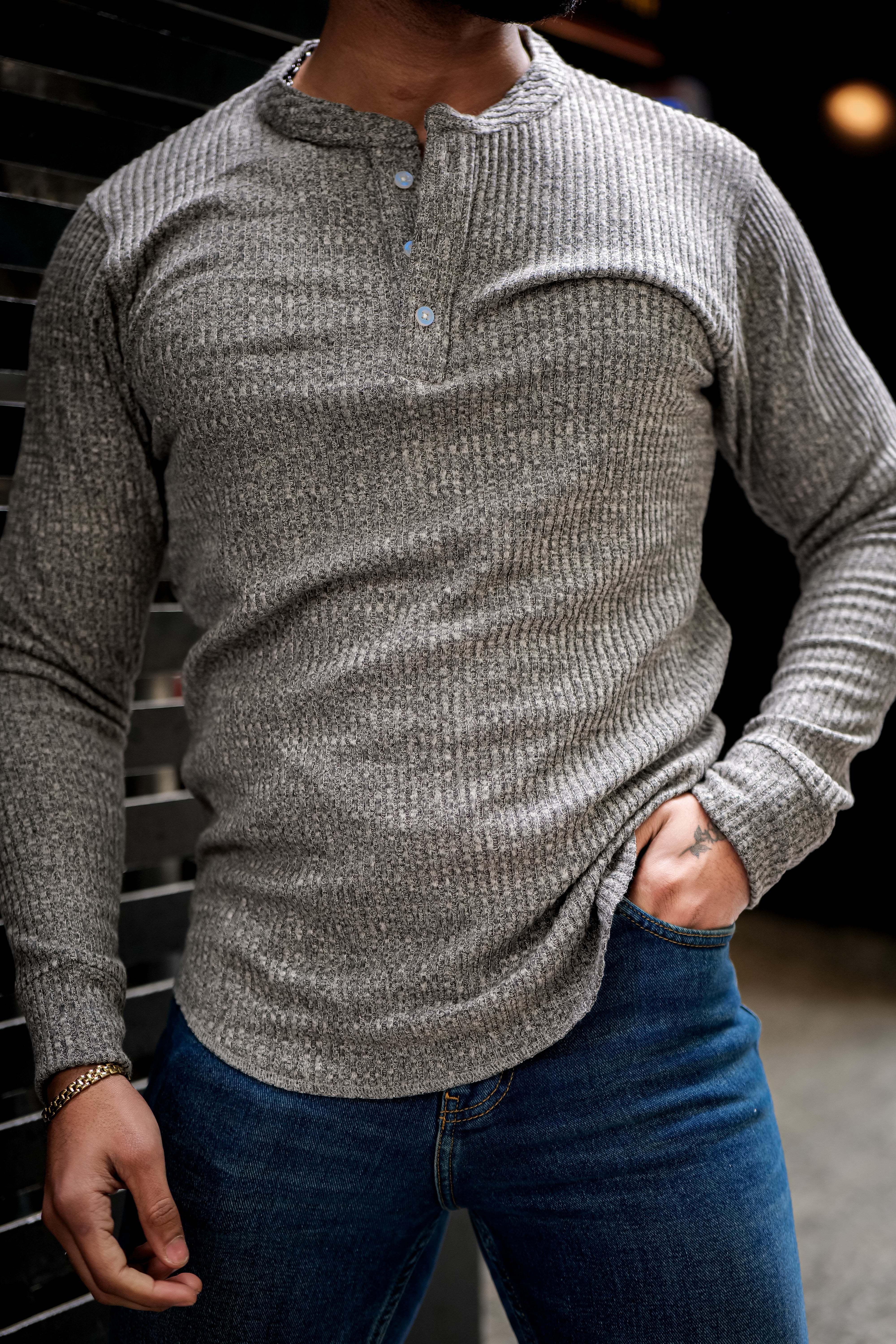 Grey Self Design Henley T-Shirt