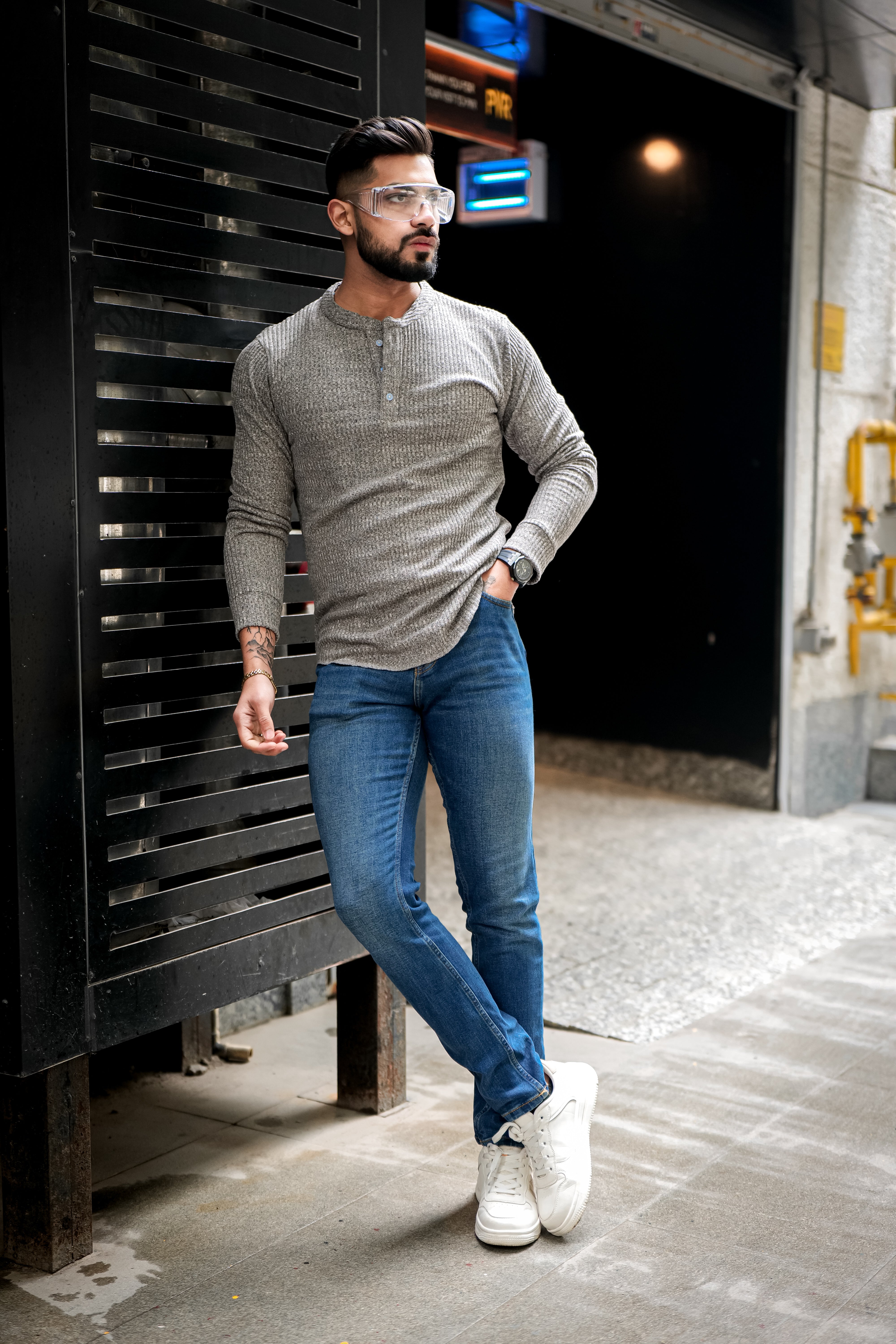 Grey Self Design Henley T-Shirt