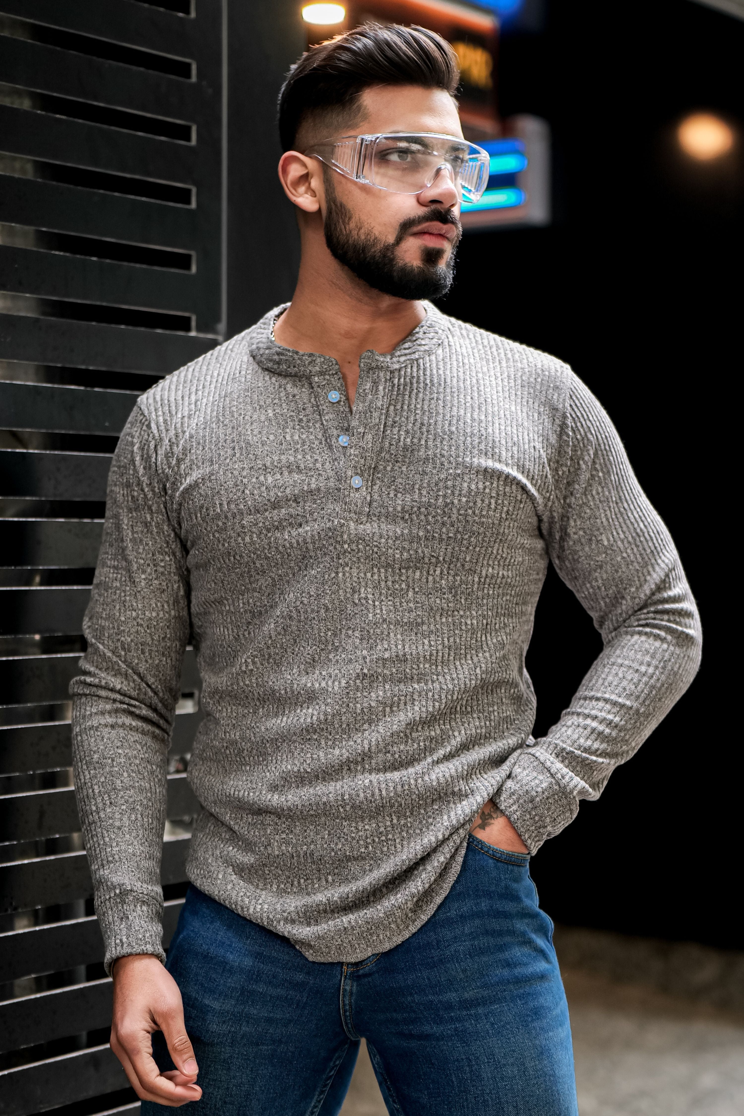 Grey Self Design Henley T-Shirt