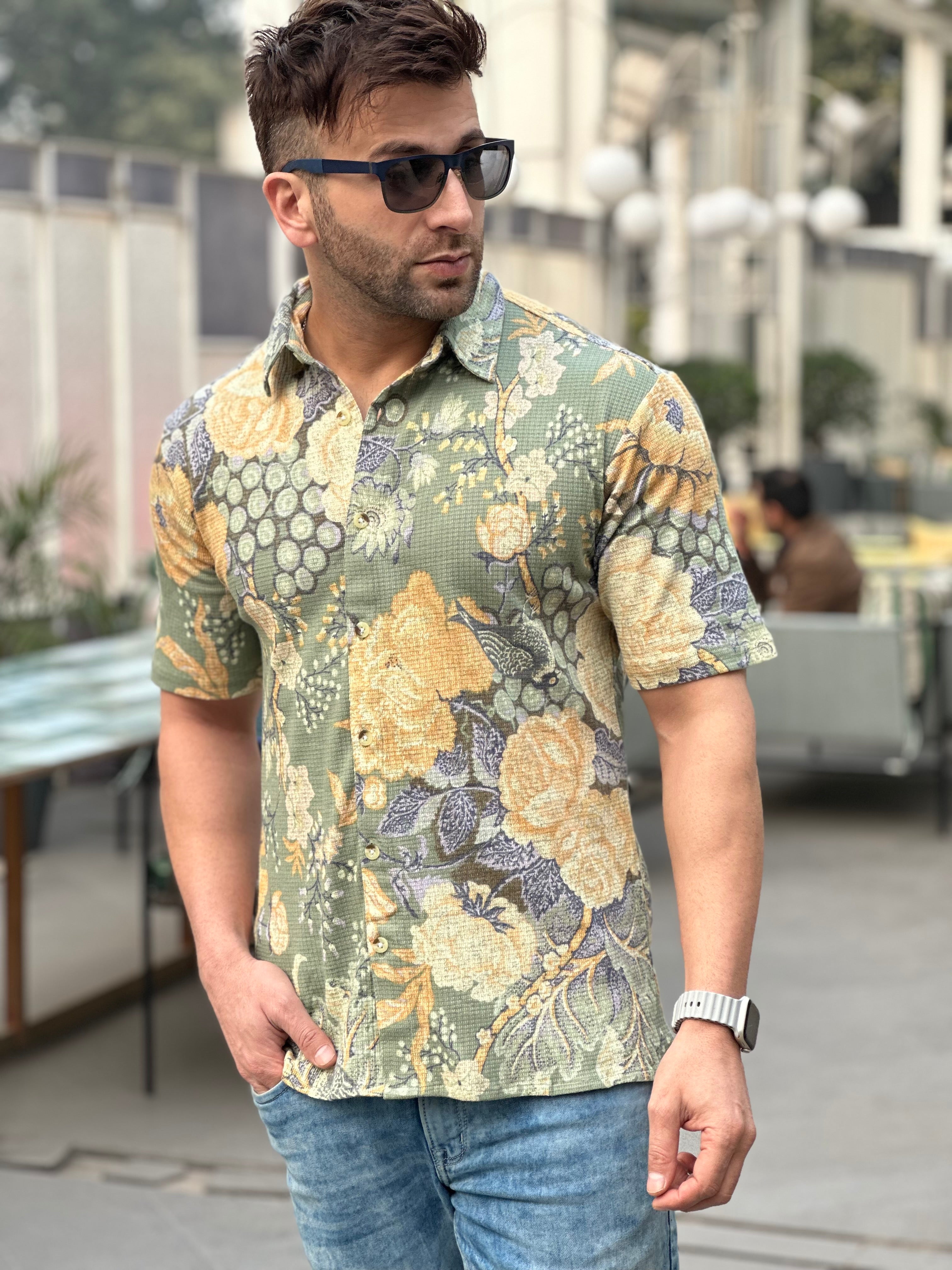 Green Floral Self Design Knit Shirt