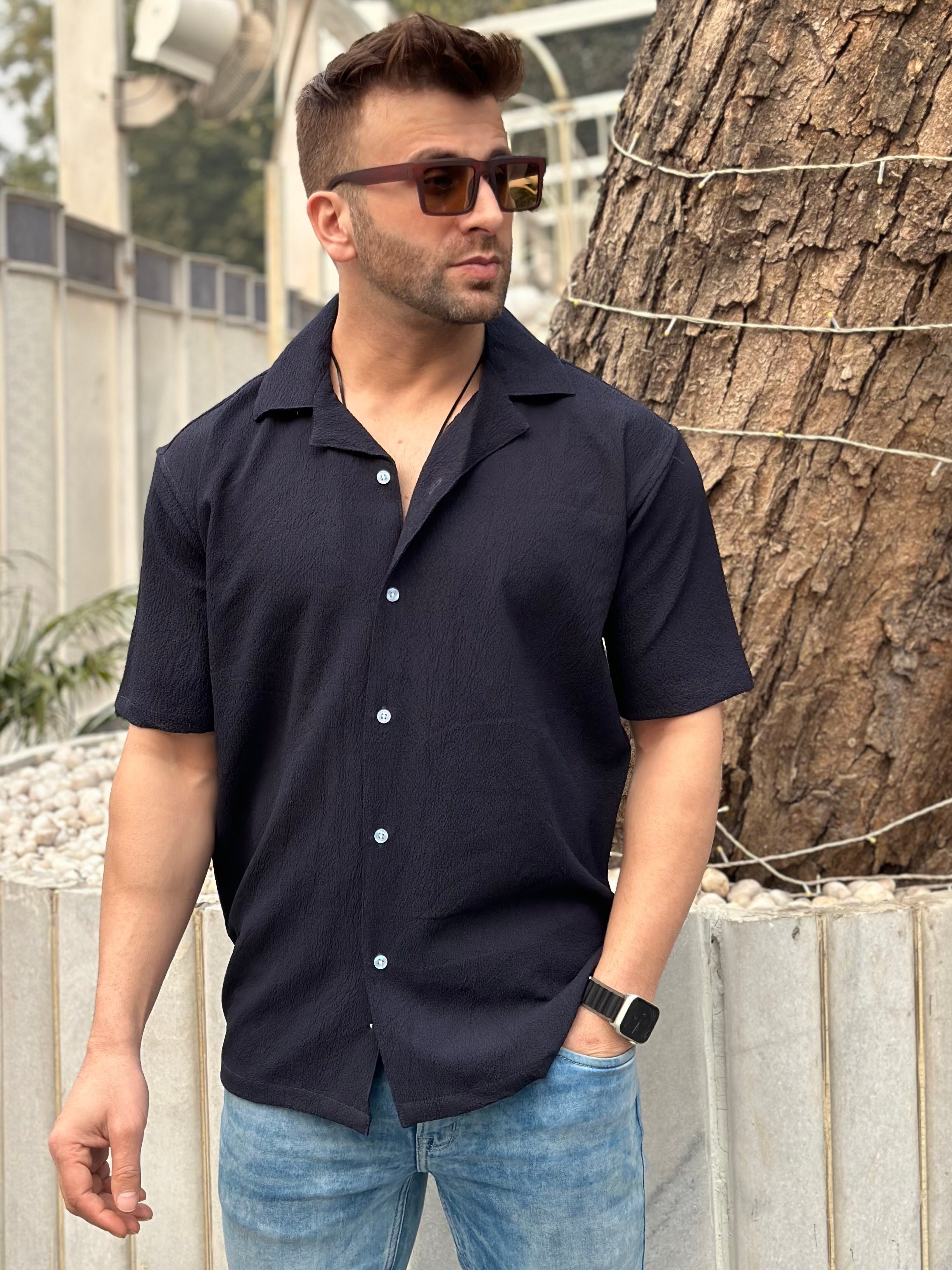 Blue Oversized Self Design Cuban Collar Shirt