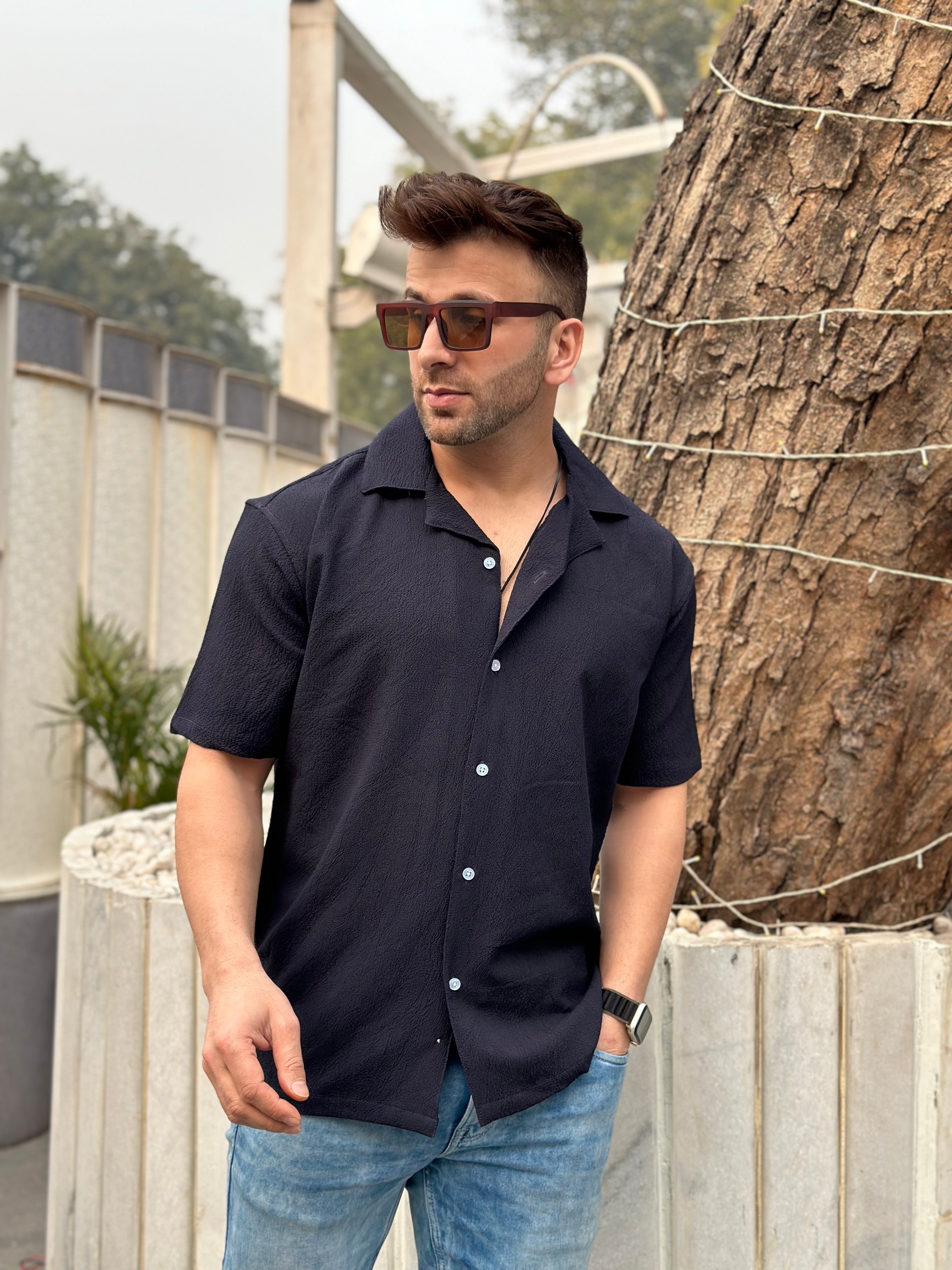 Blue Oversized Self Design Cuban Collar Shirt