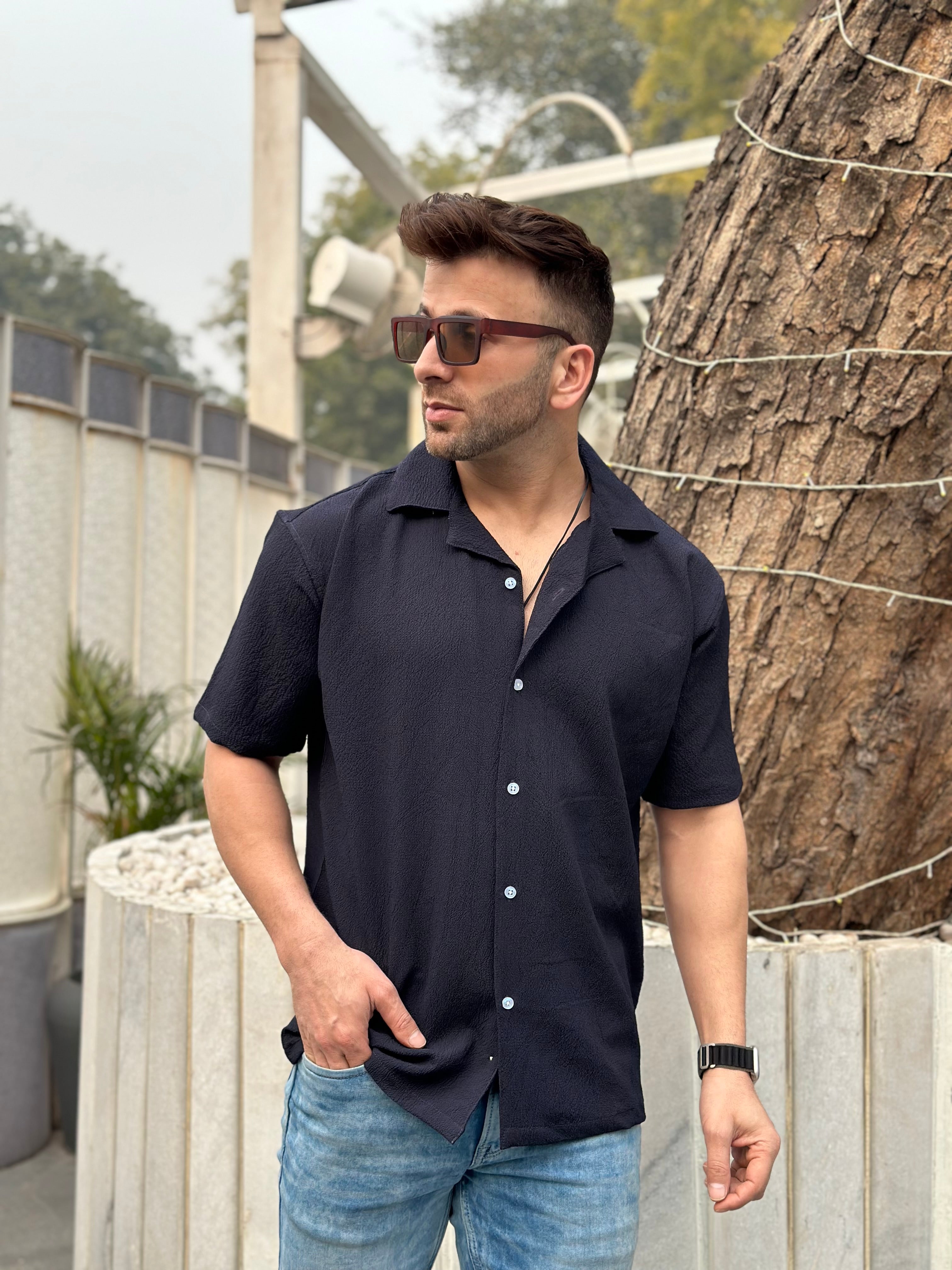 Blue Oversized Self Design Cuban Collar Shirt