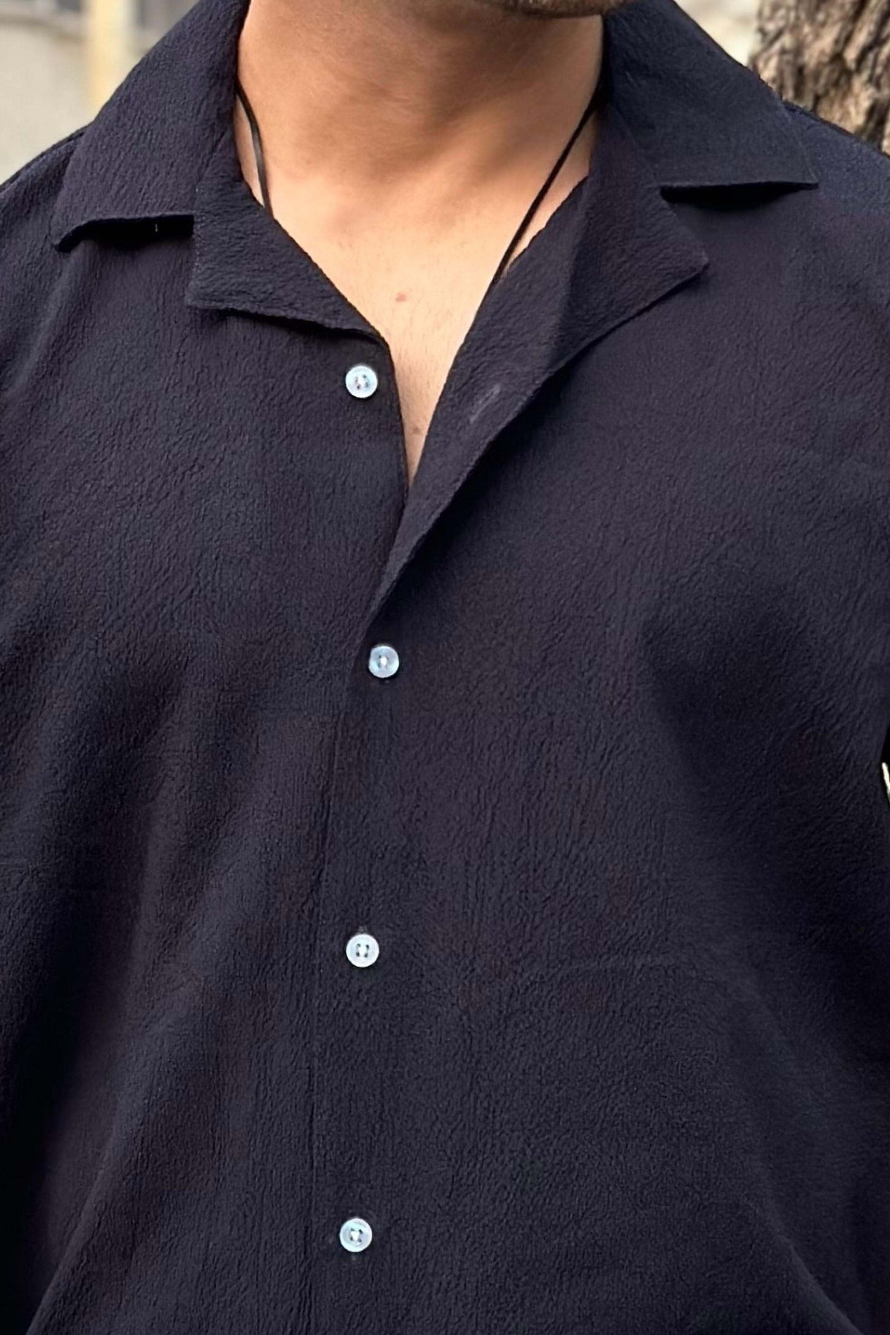 Blue Oversized Self Design Cuban Collar Shirt