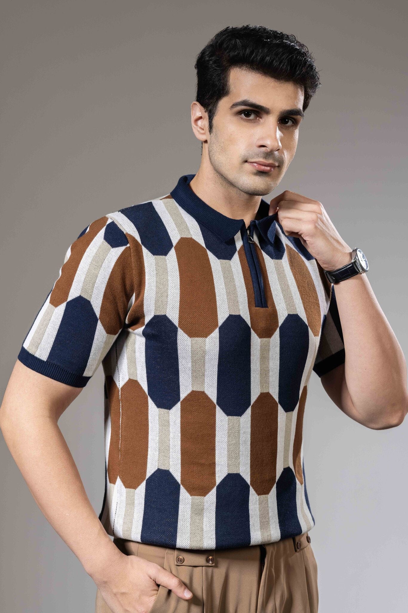 Grey Blue Premium Flat Knit Polo T-Shirt