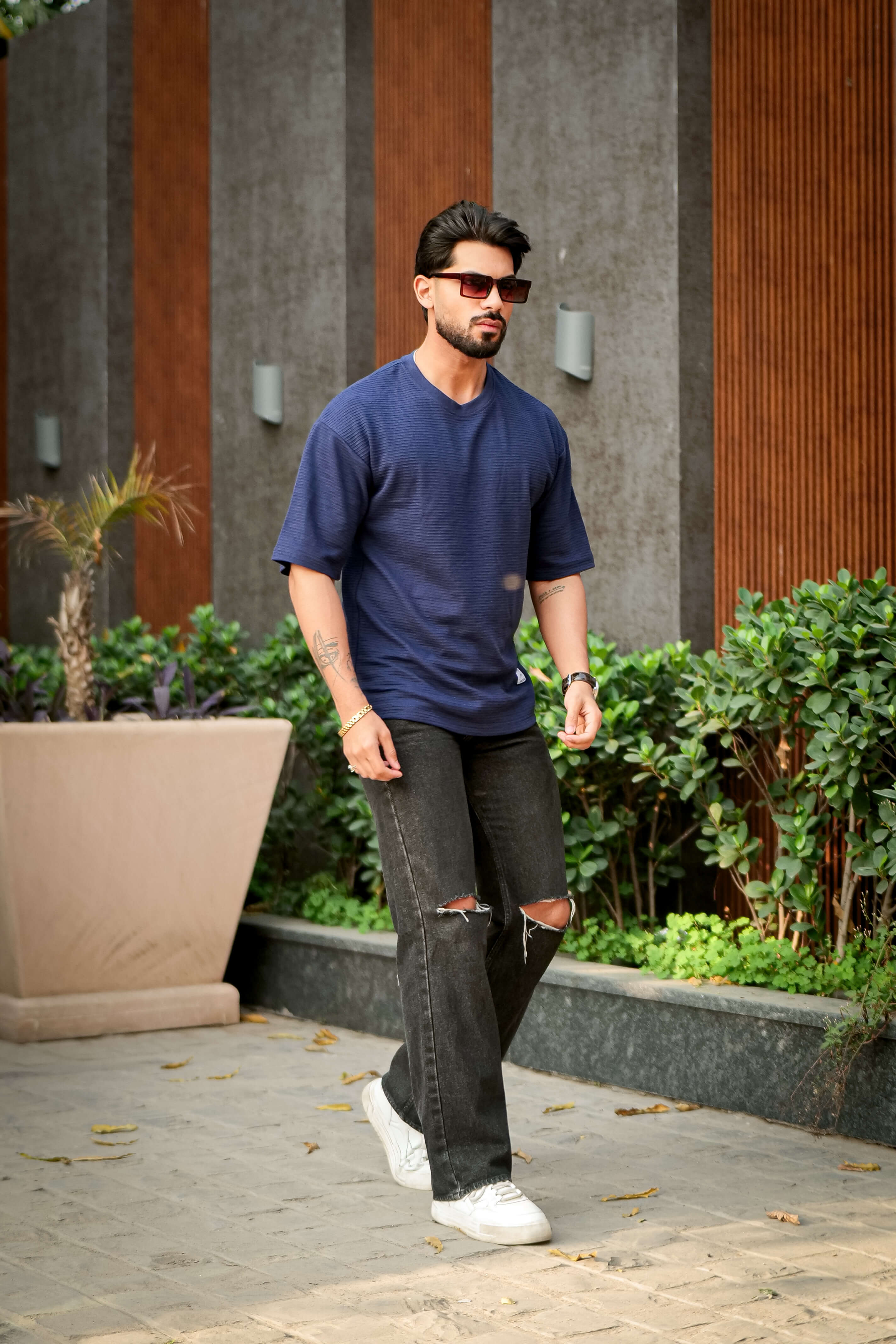Navy Blue Oversized Cotton Round Neck T-Shirt