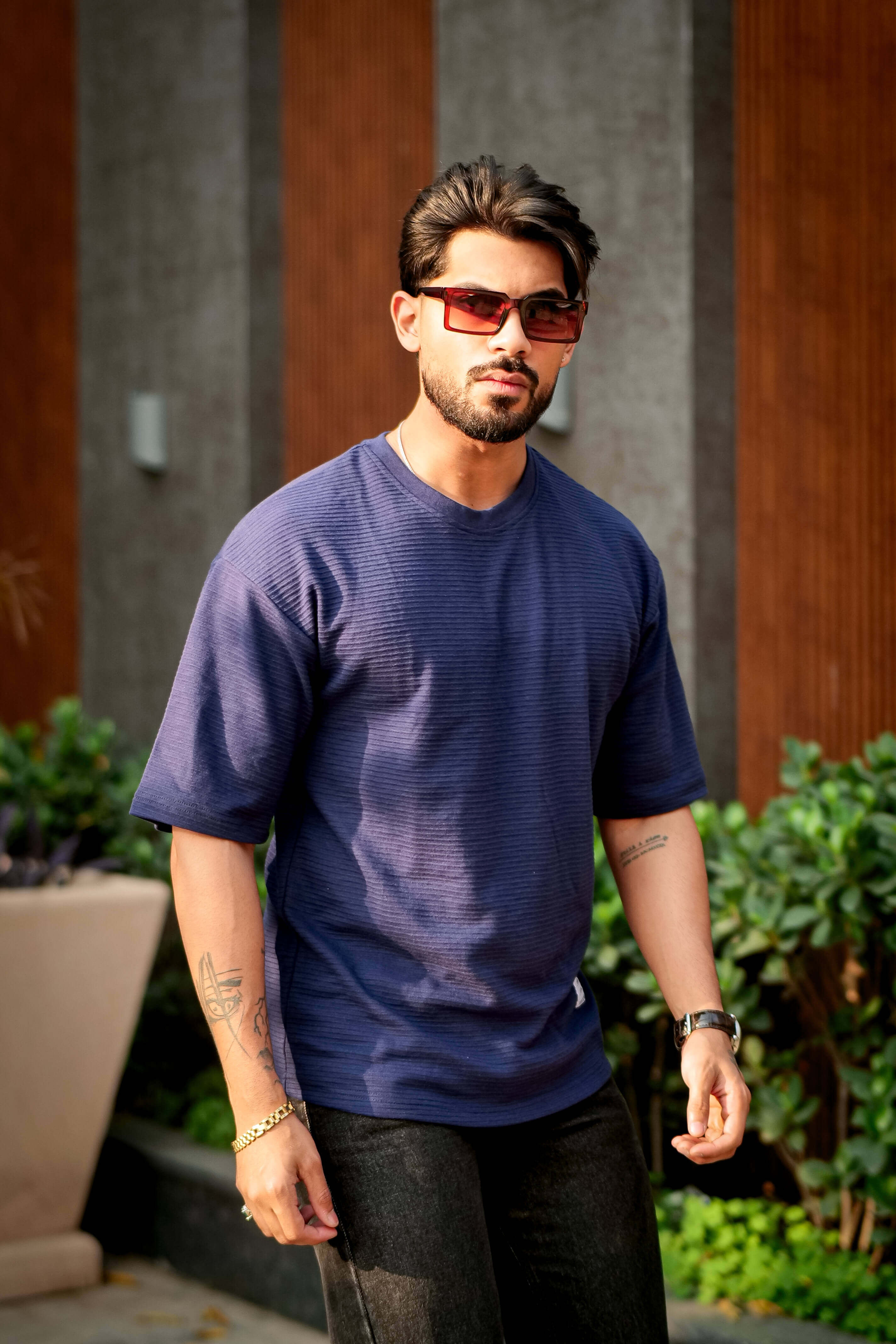 Navy Blue Oversized Cotton Round Neck T-Shirt