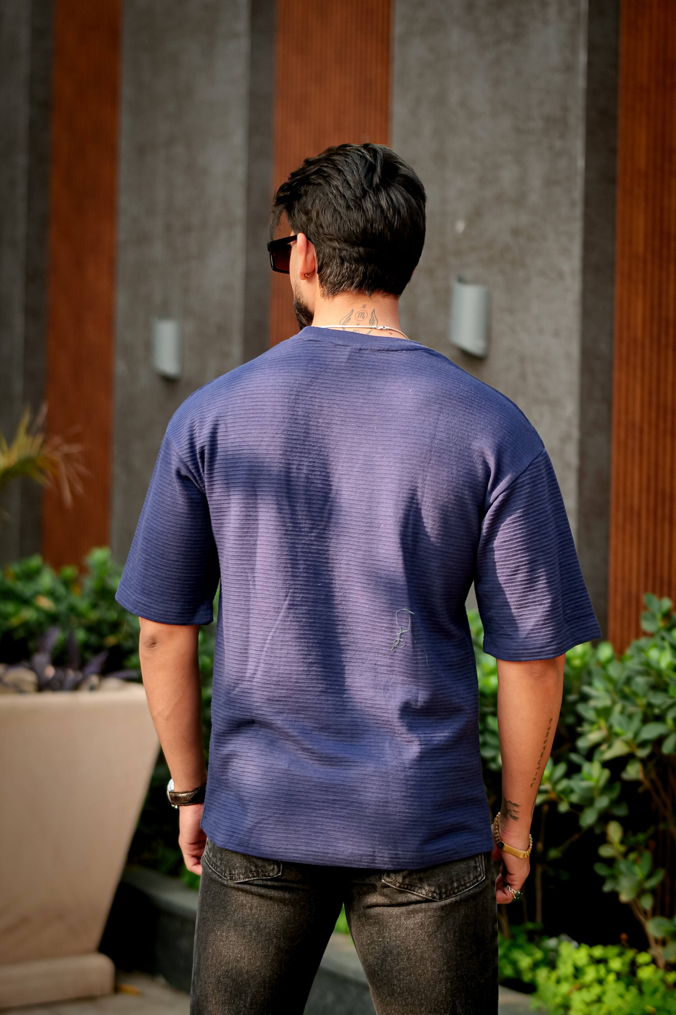 Navy Blue Oversized Cotton Round Neck T-Shirt