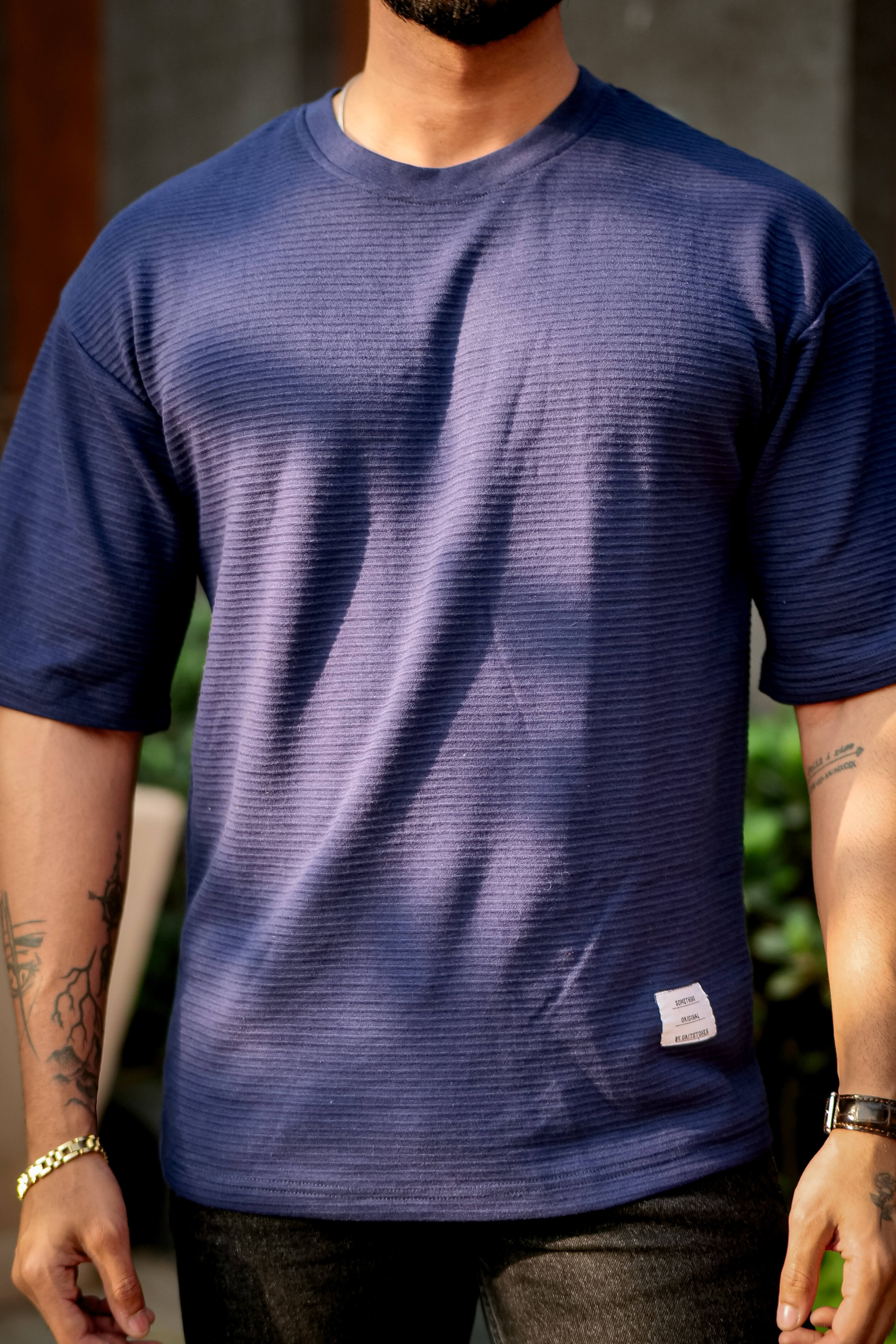 Navy Blue Oversized Cotton Round Neck T-Shirt