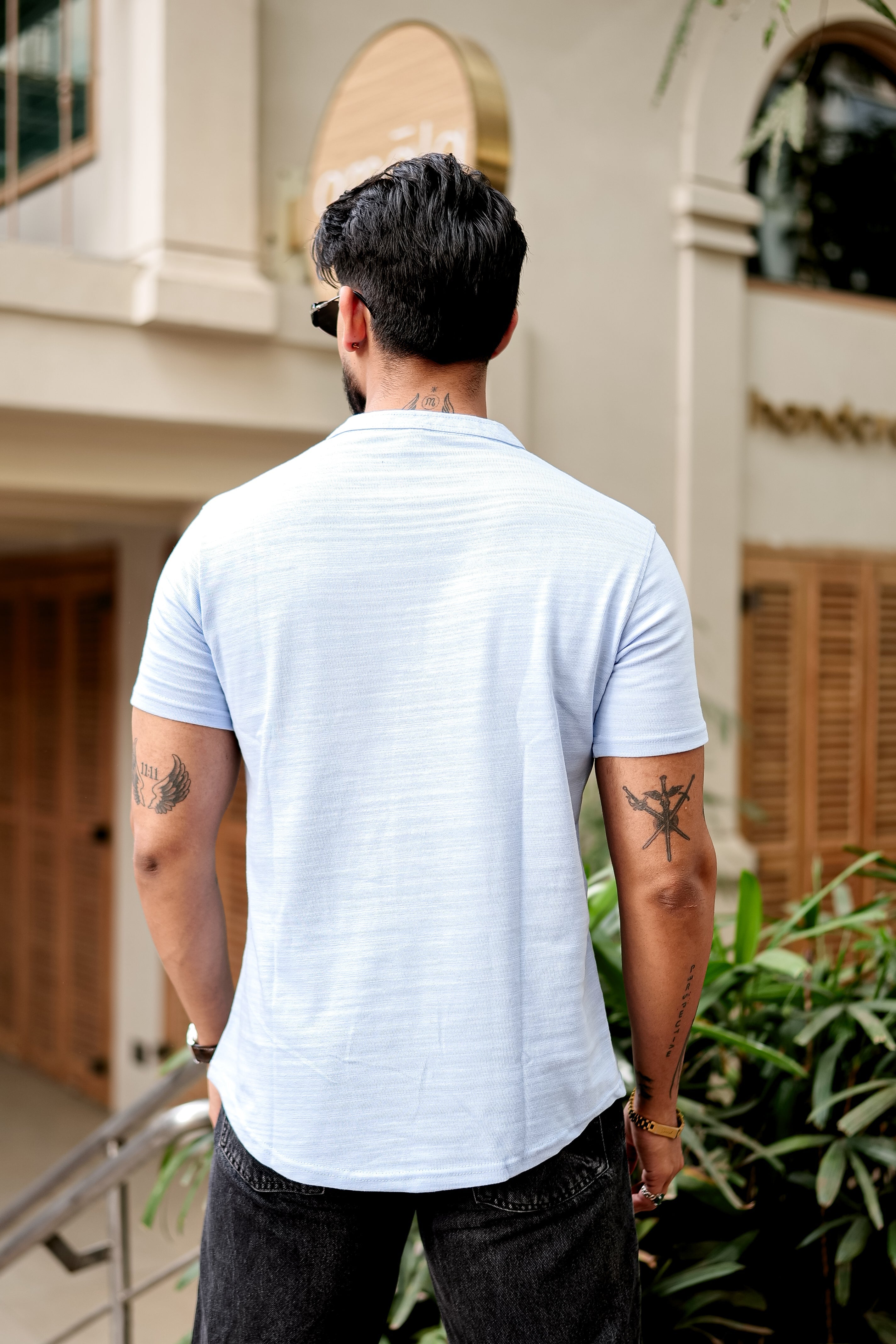 Sky Blue Self Design Henley T-Shirt
