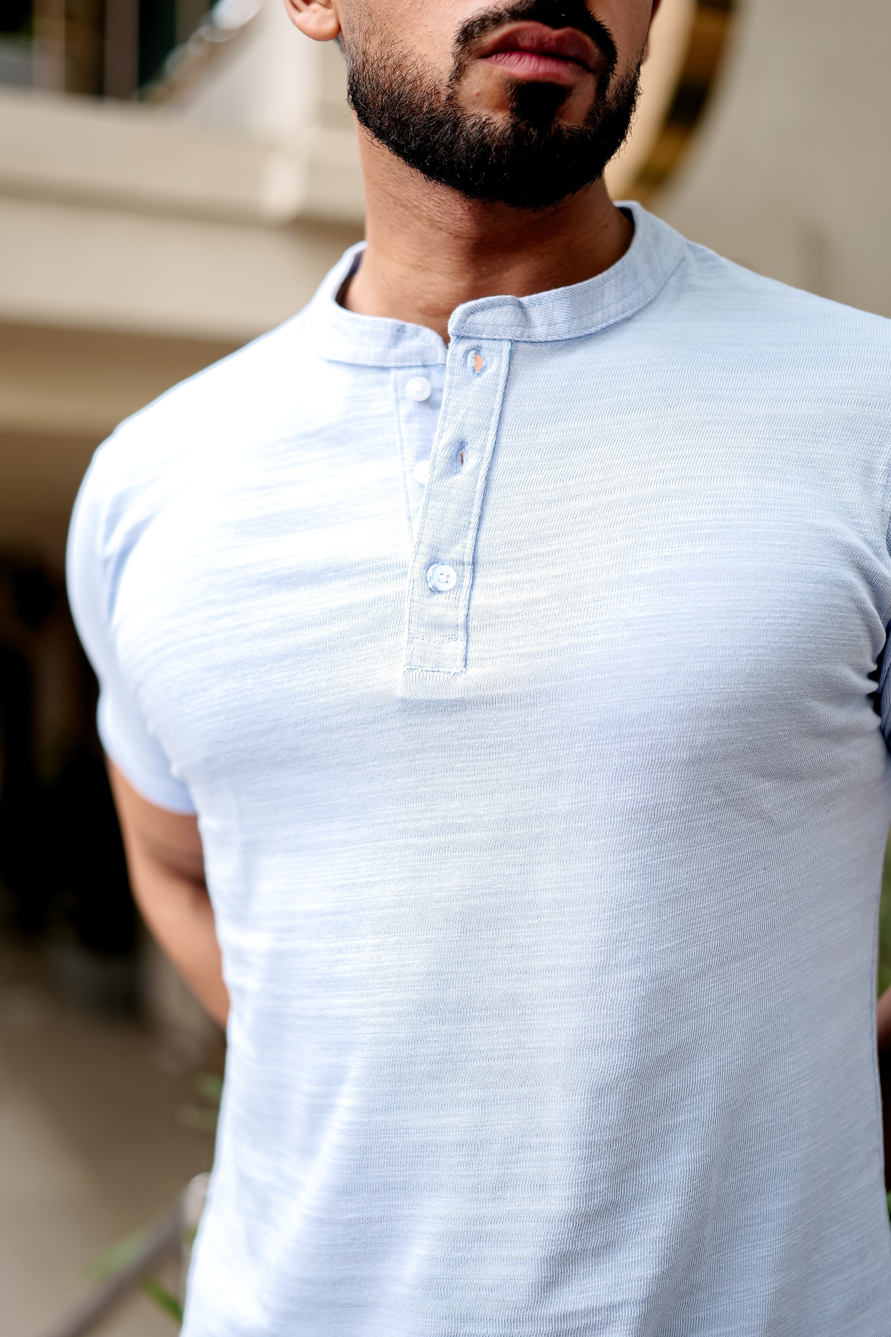 Sky Blue Self Design Henley T-Shirt