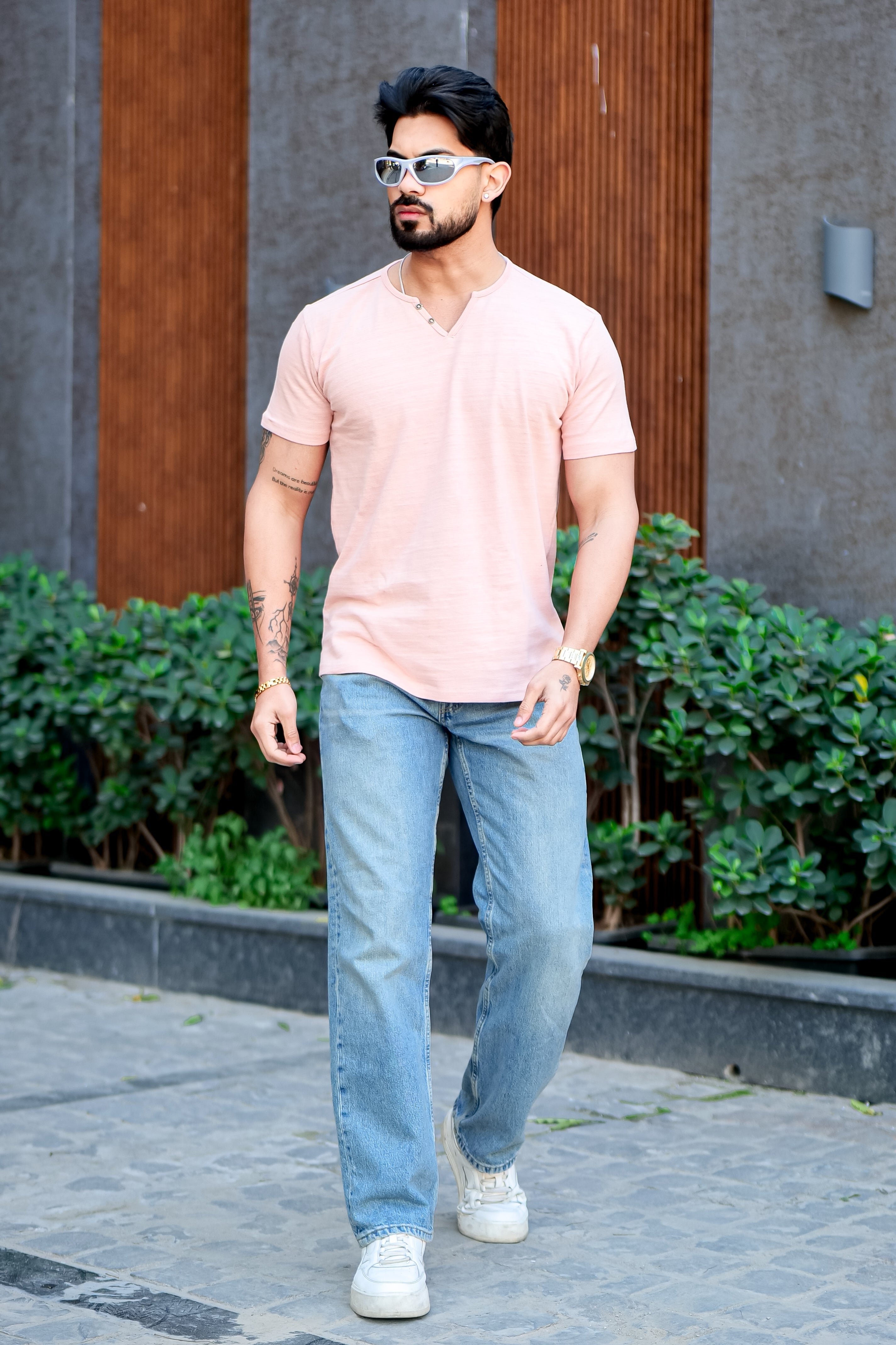 Pink Self Design Open Slub Henley T-Shirt