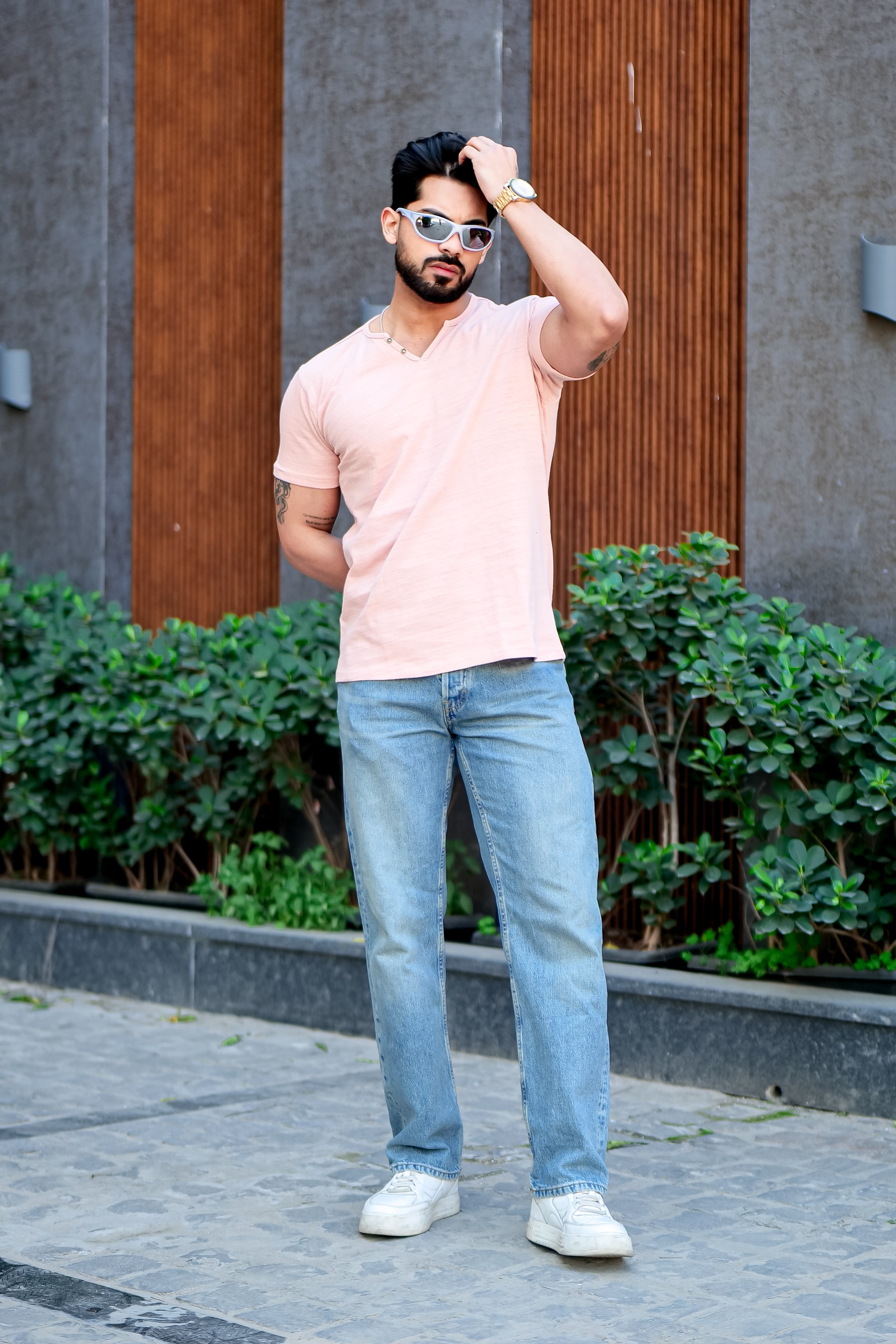 Pink Self Design Open Slub Henley T-Shirt