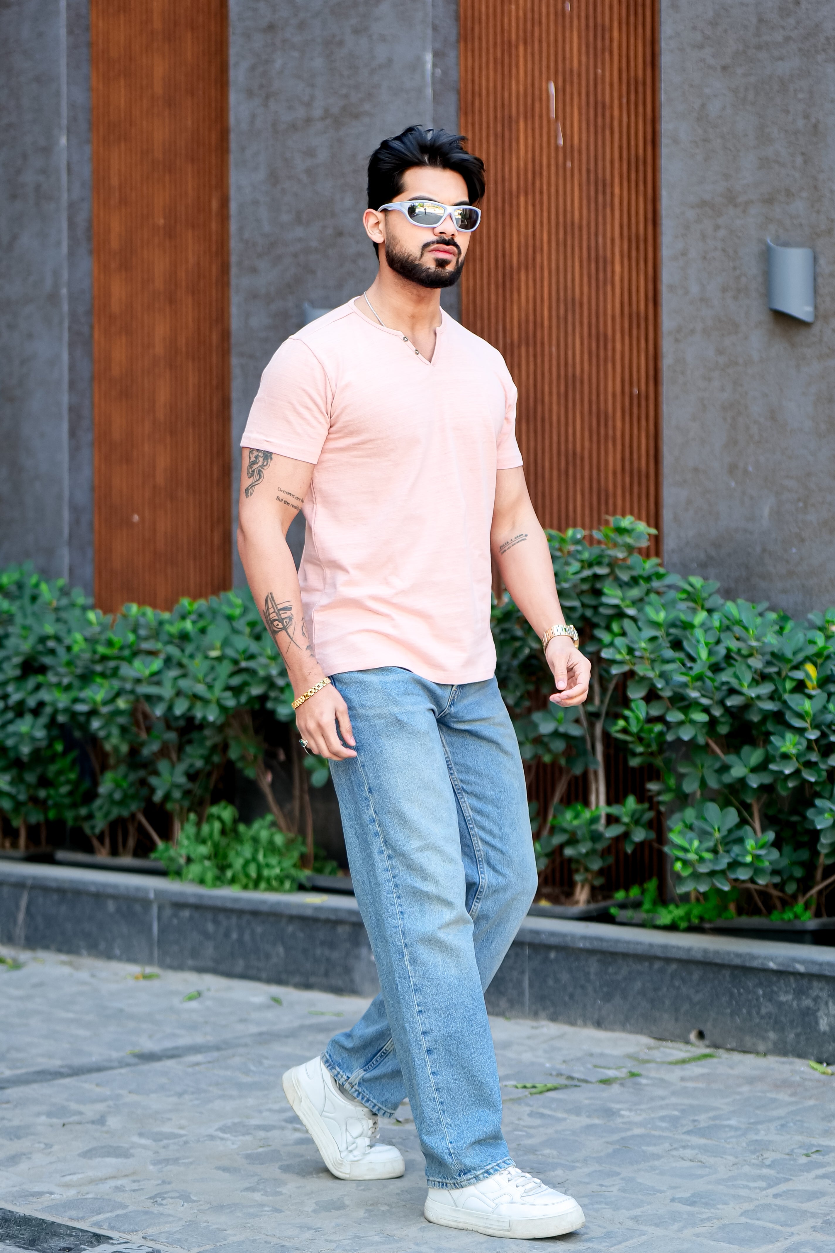 Pink Self Design Open Slub Henley T-Shirt