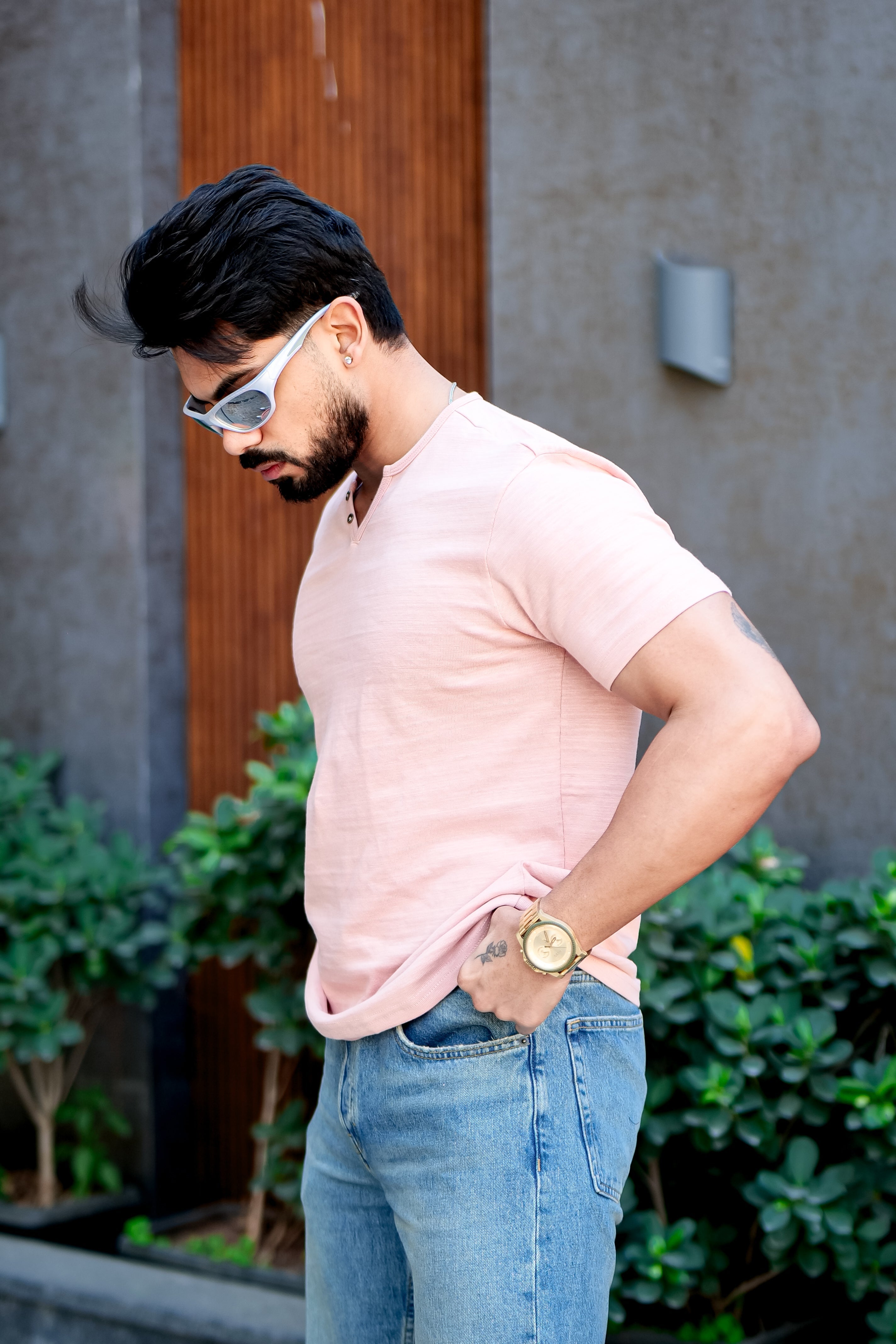 Pink Self Design Open Slub Henley T-Shirt