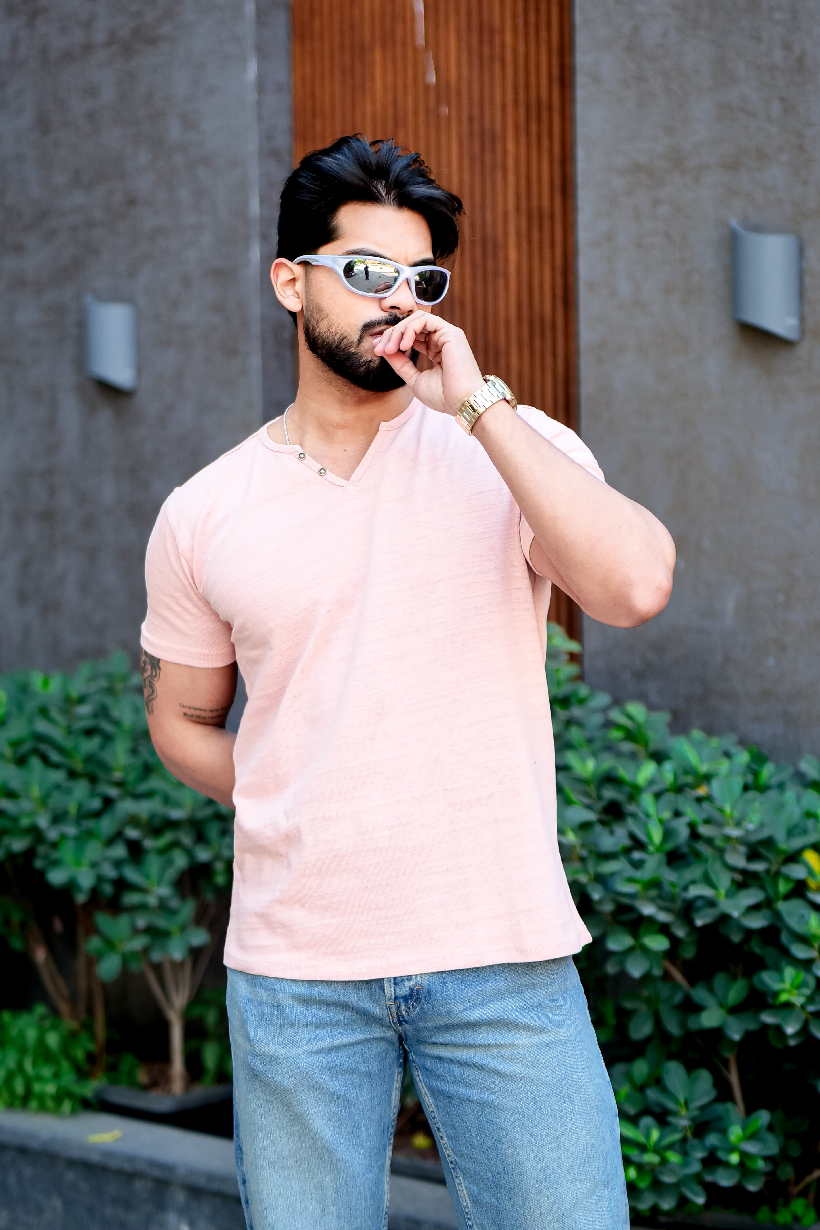 Pink Self Design Open Slub Henley T-Shirt