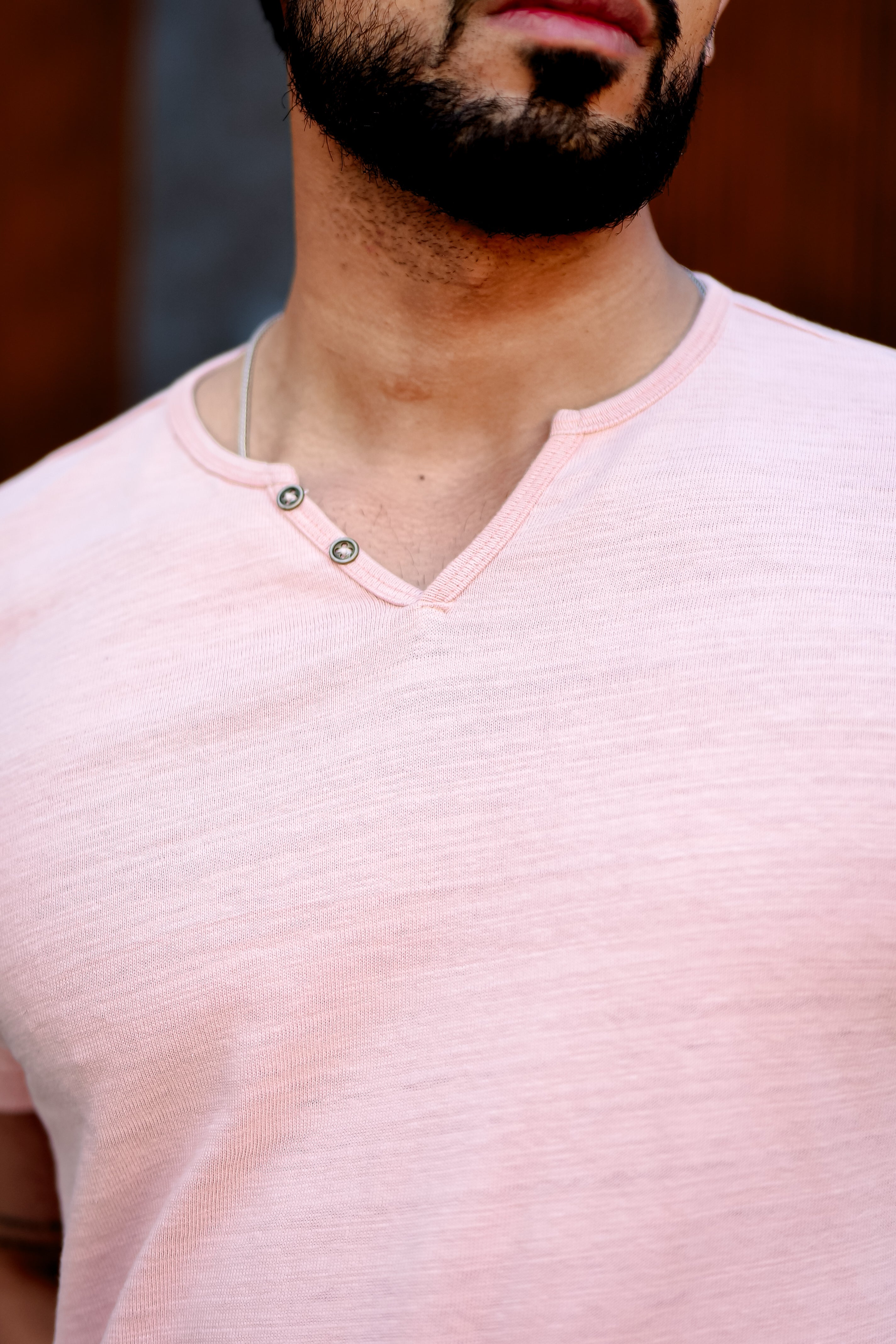 Pink Self Design Open Slub Henley T-Shirt