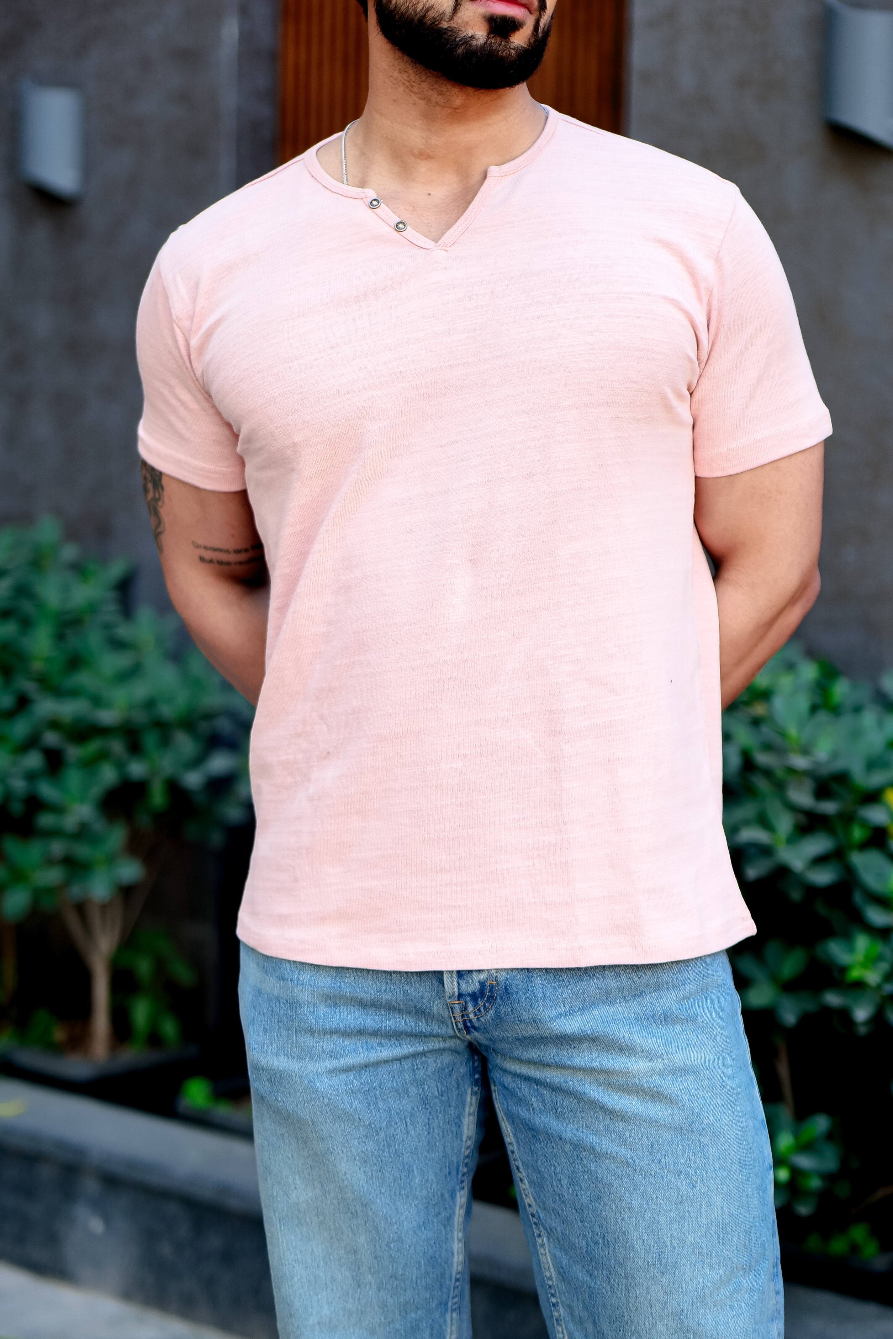 Pink Self Design Open Slub Henley T-Shirt