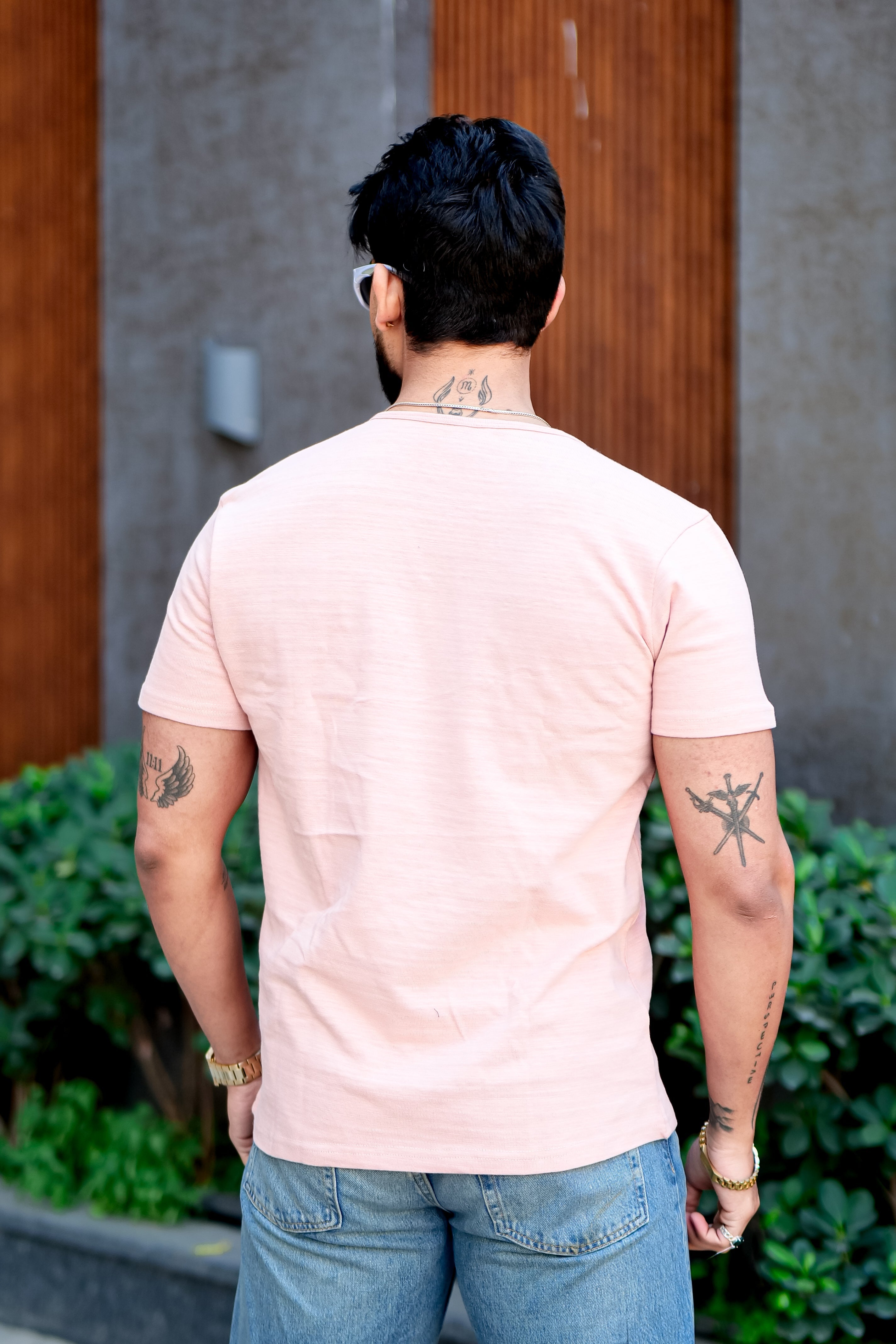 Pink Self Design Open Slub Henley T-Shirt