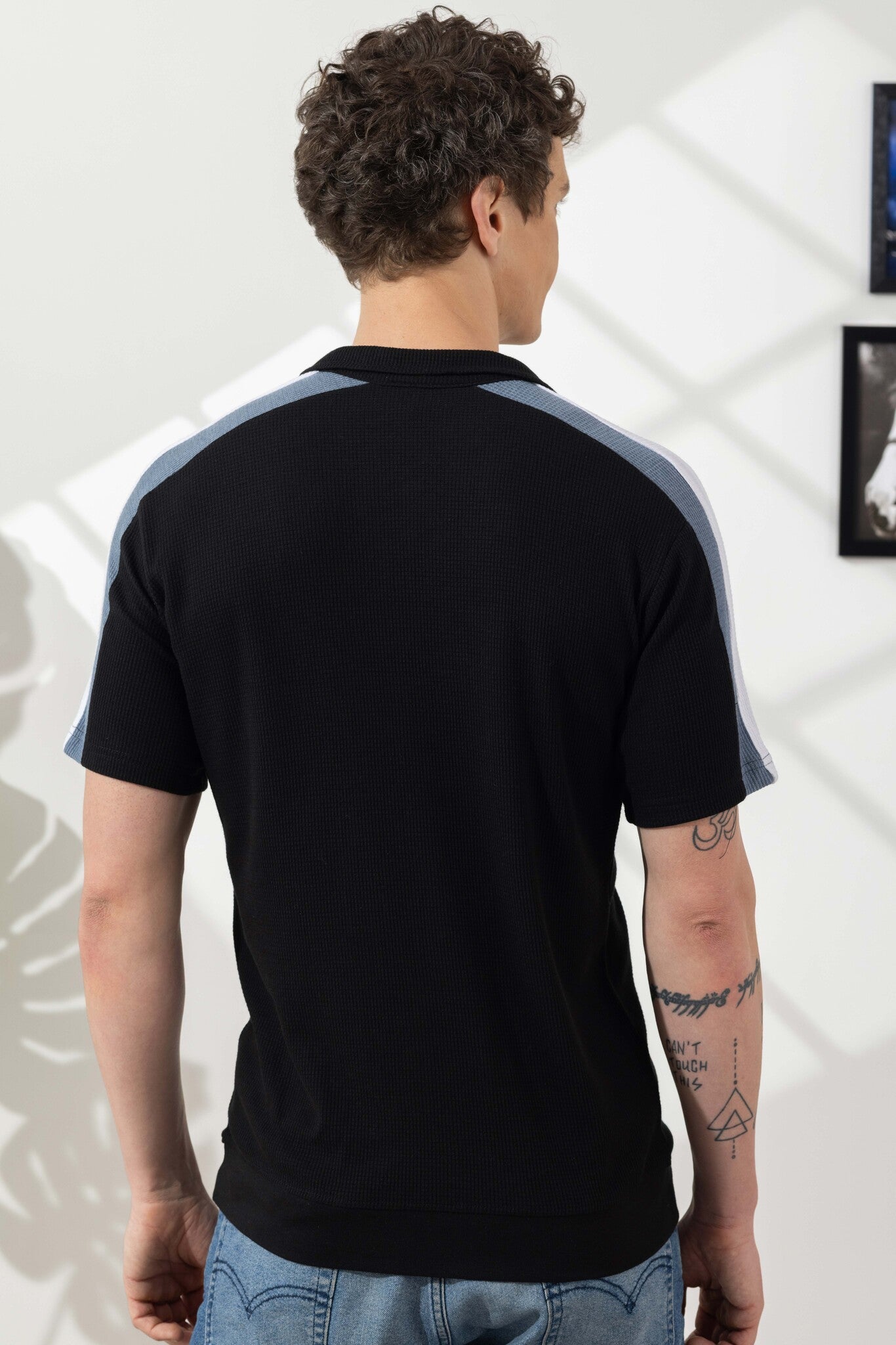 Black Waffle Self Design Zipper Collar T-Shirt