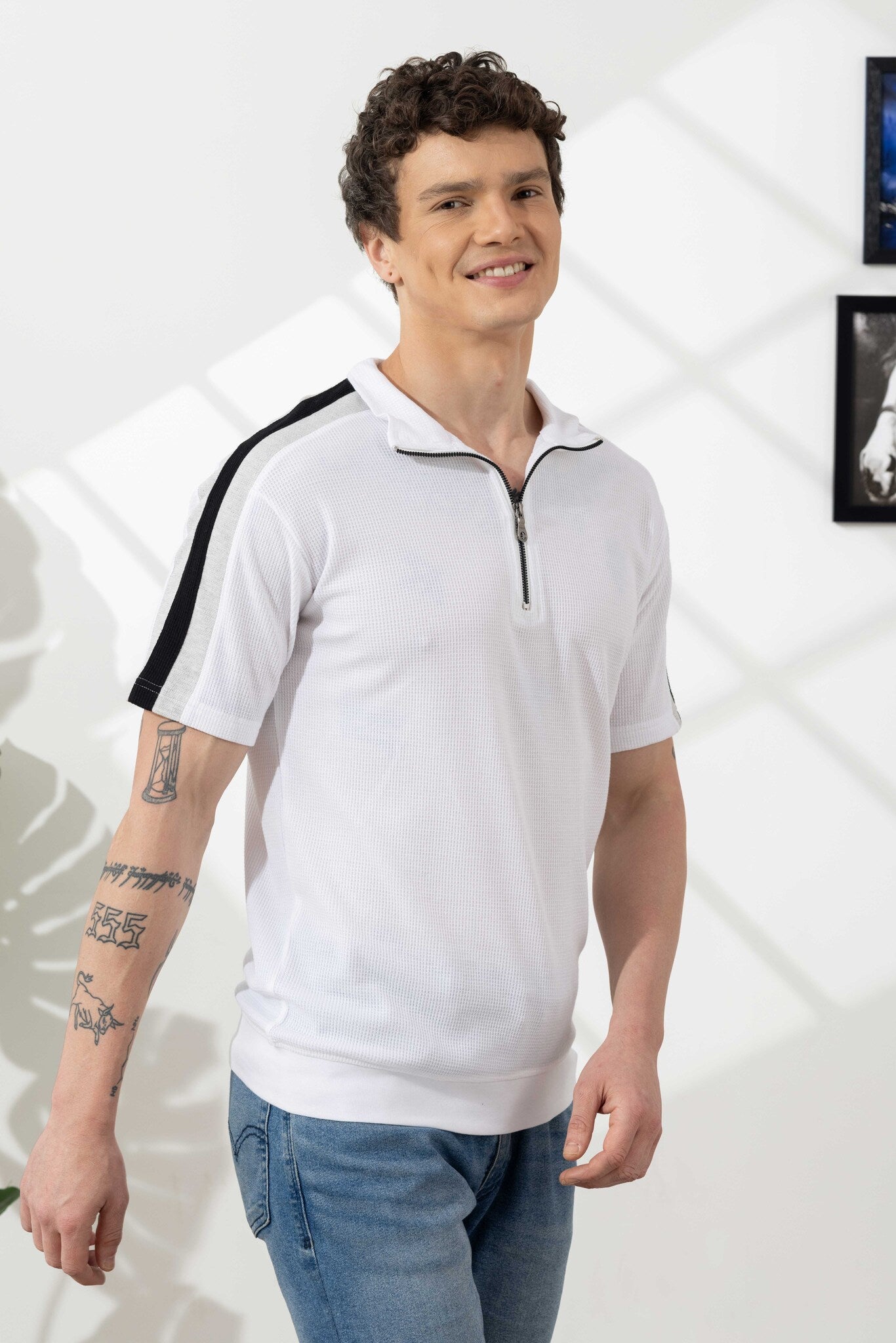 White Self Design Zipper Collar T-Shirt