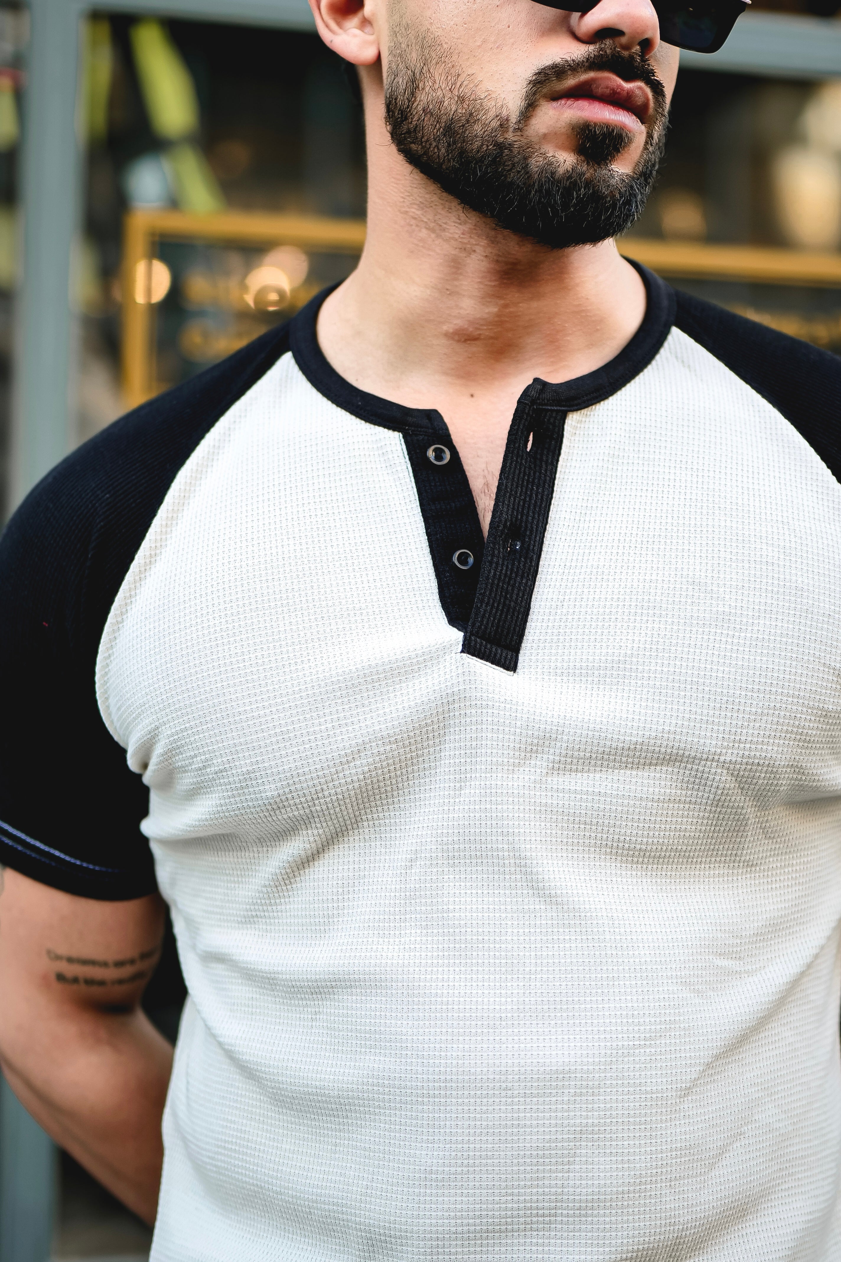 Black & White Waffle Colorblock Raglan Half Sleeve T-Shirt