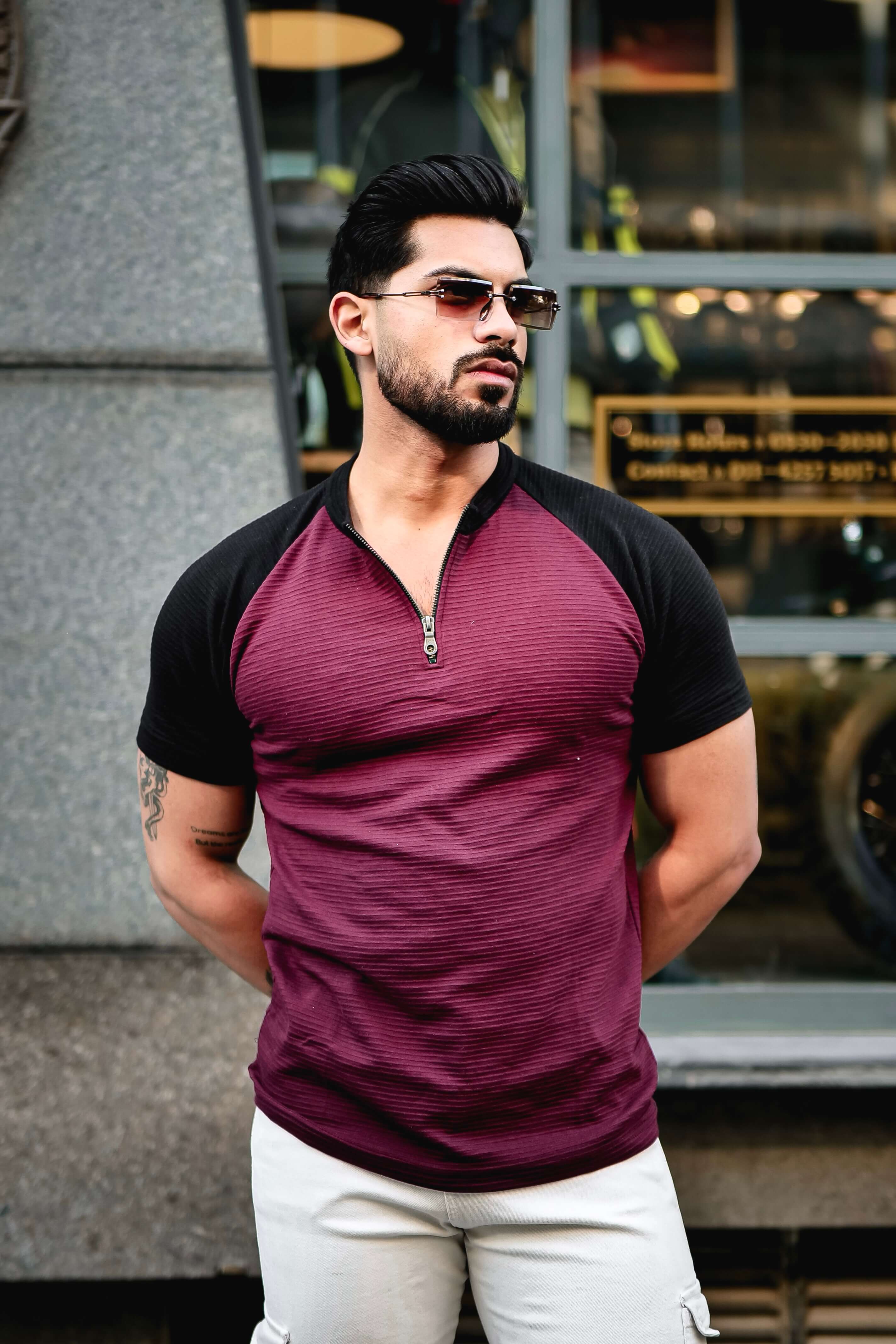 Wine Black Self Design Color Block Zipper T-Shirt