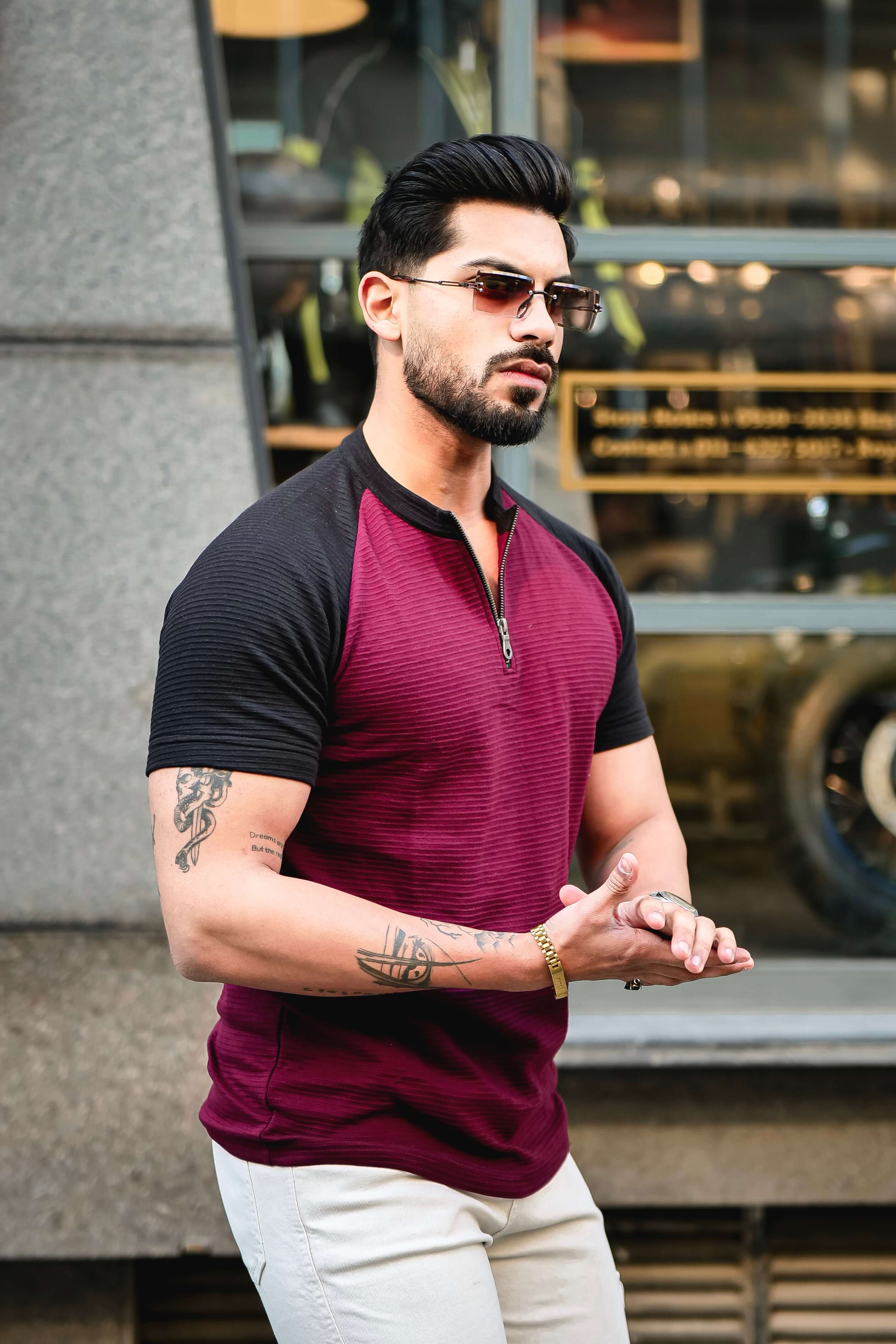 Wine Black Self Design Color Block Zipper T-Shirt