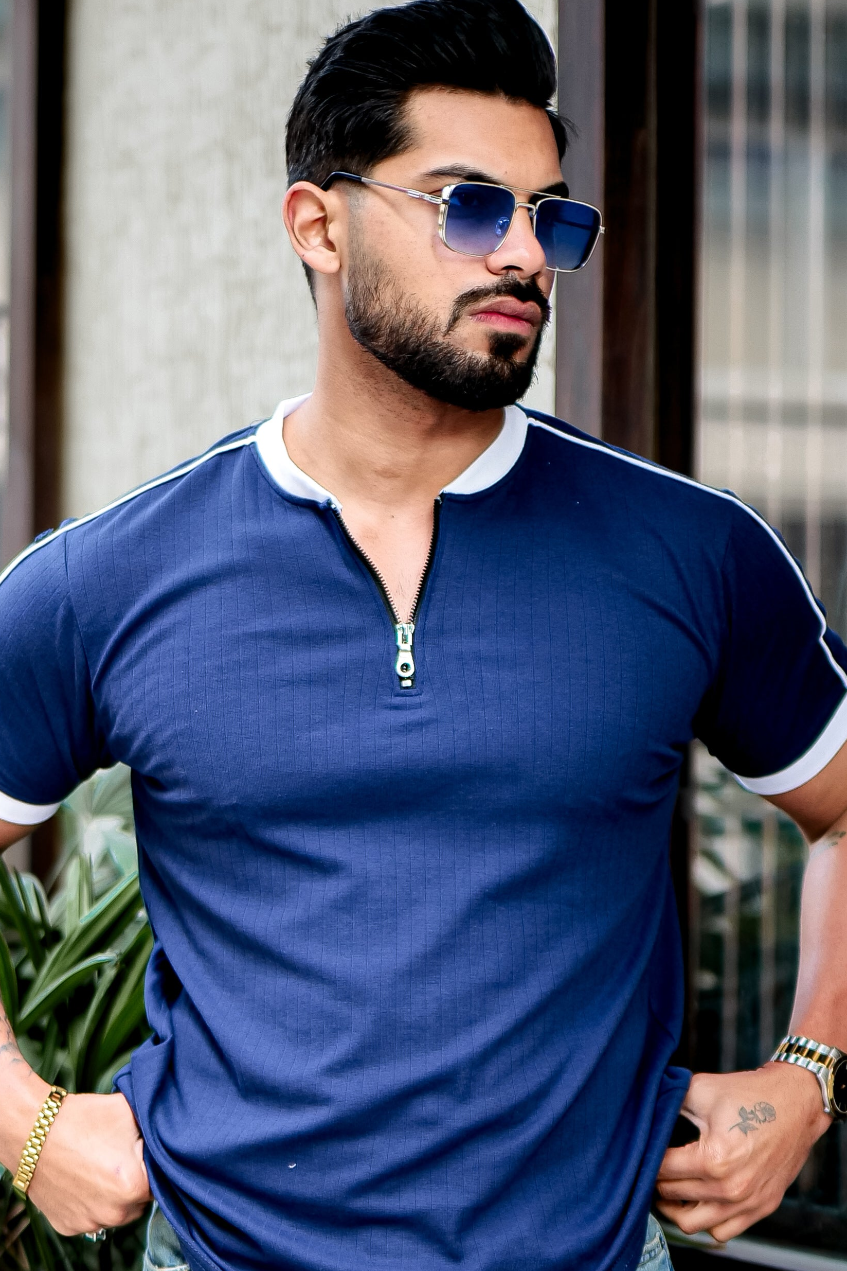 Blue Drop Needle Zipper T-Shirt