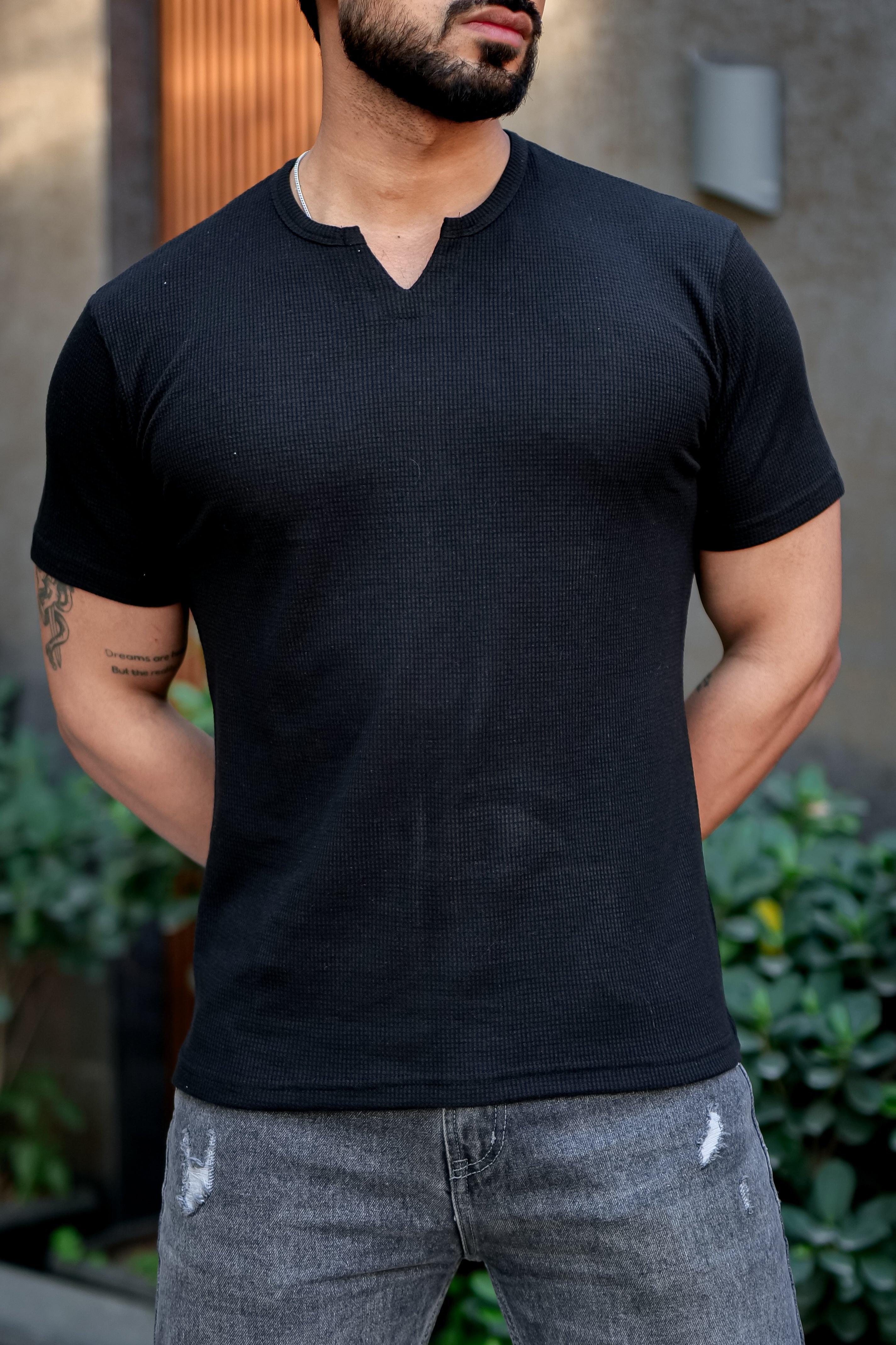 Black Waffle V Neck T-Shirt