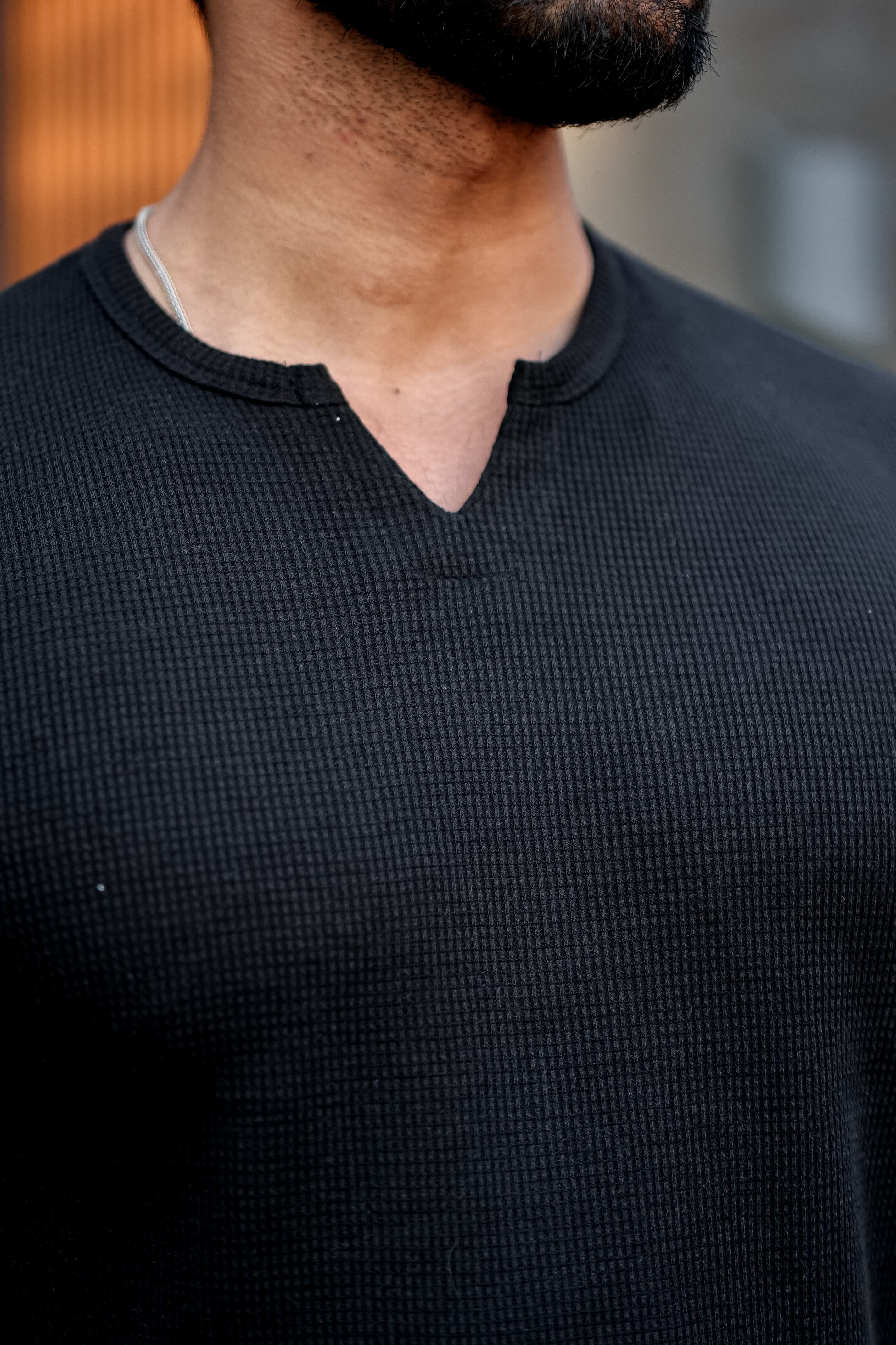 Black Waffle V Neck T-Shirt