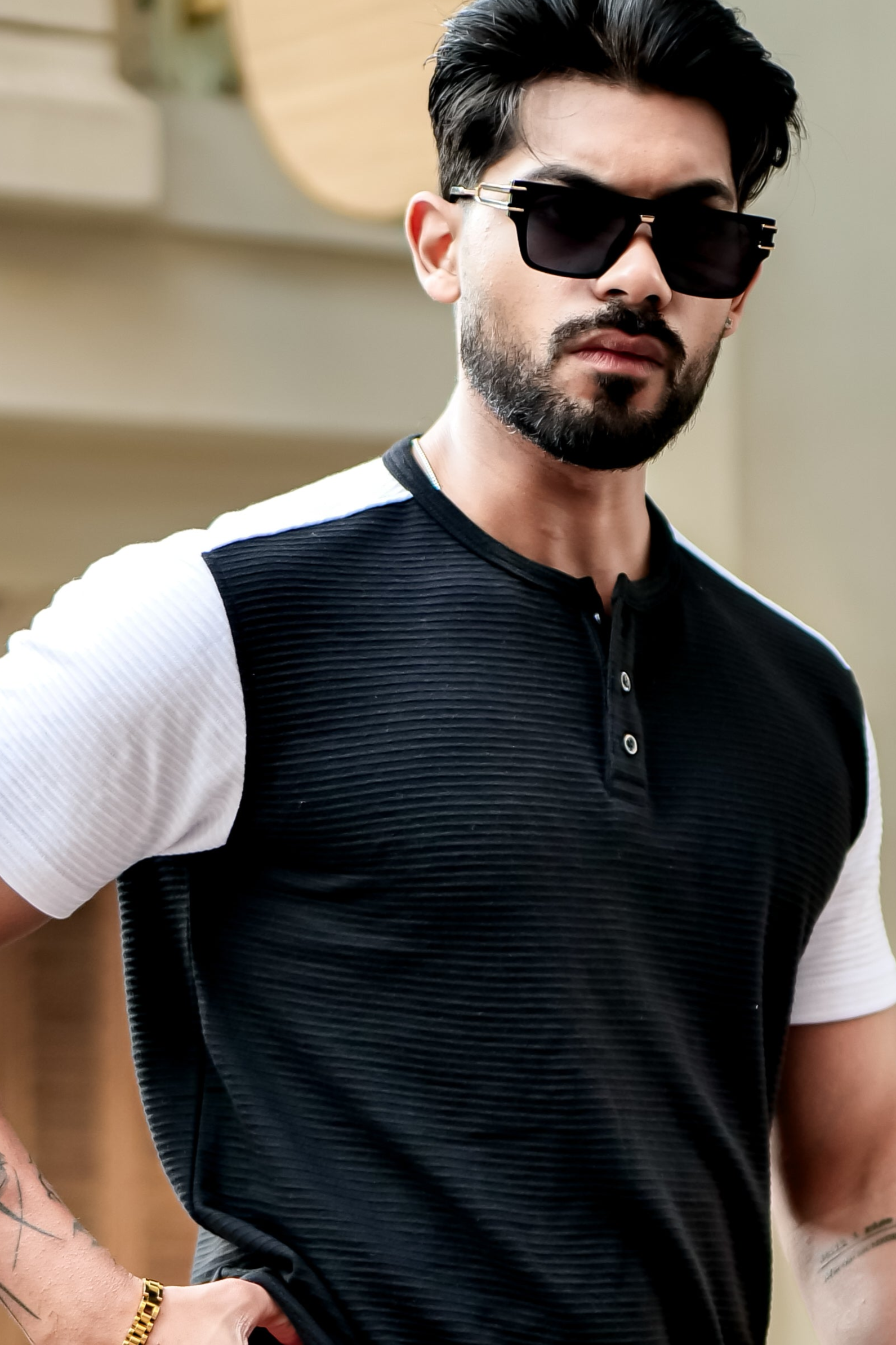 Black Self Design Colorblock Henley T-Shirt