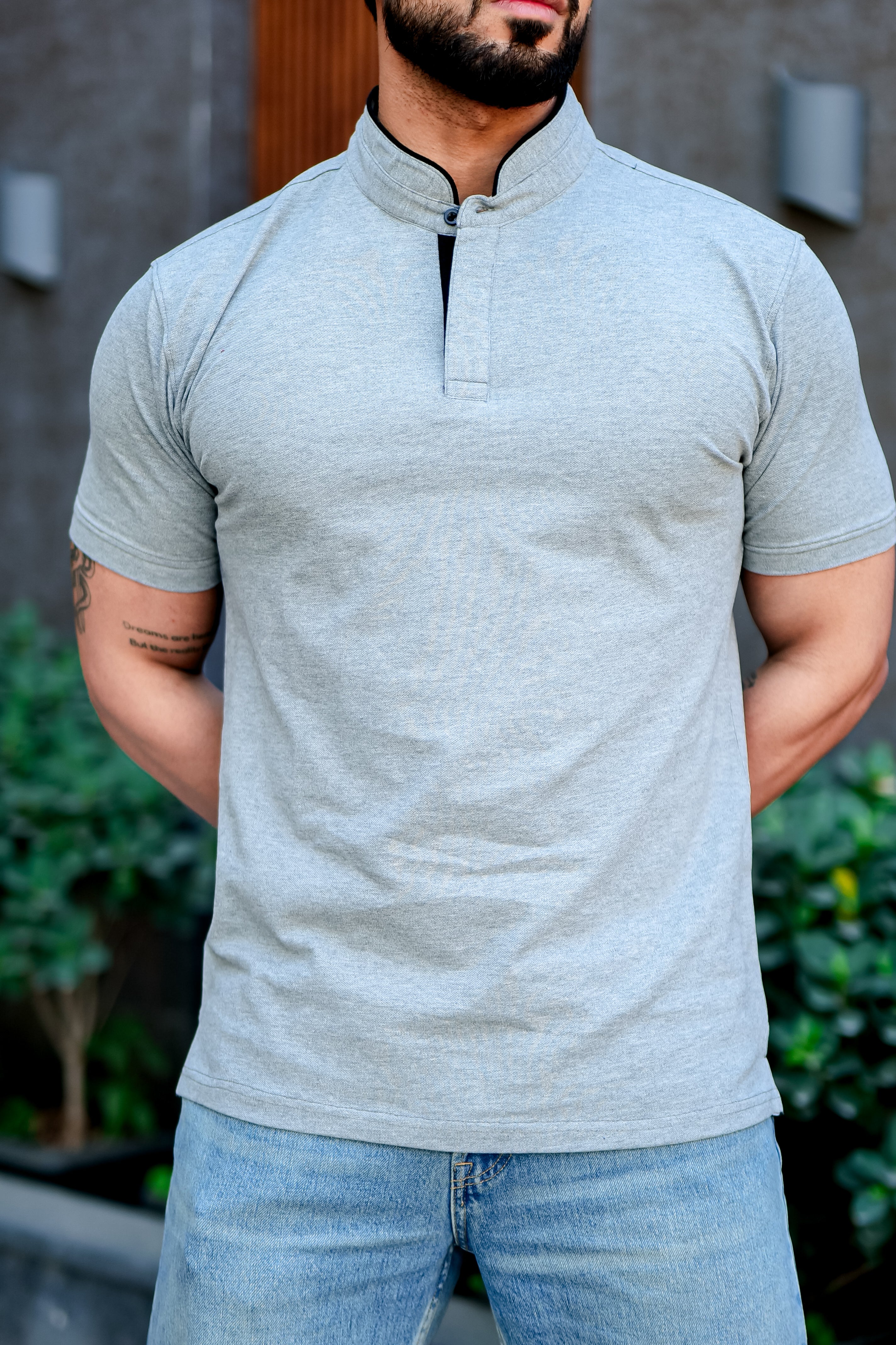 Blue Mandarin Collar Tinted Fabric Henley T-Shirt