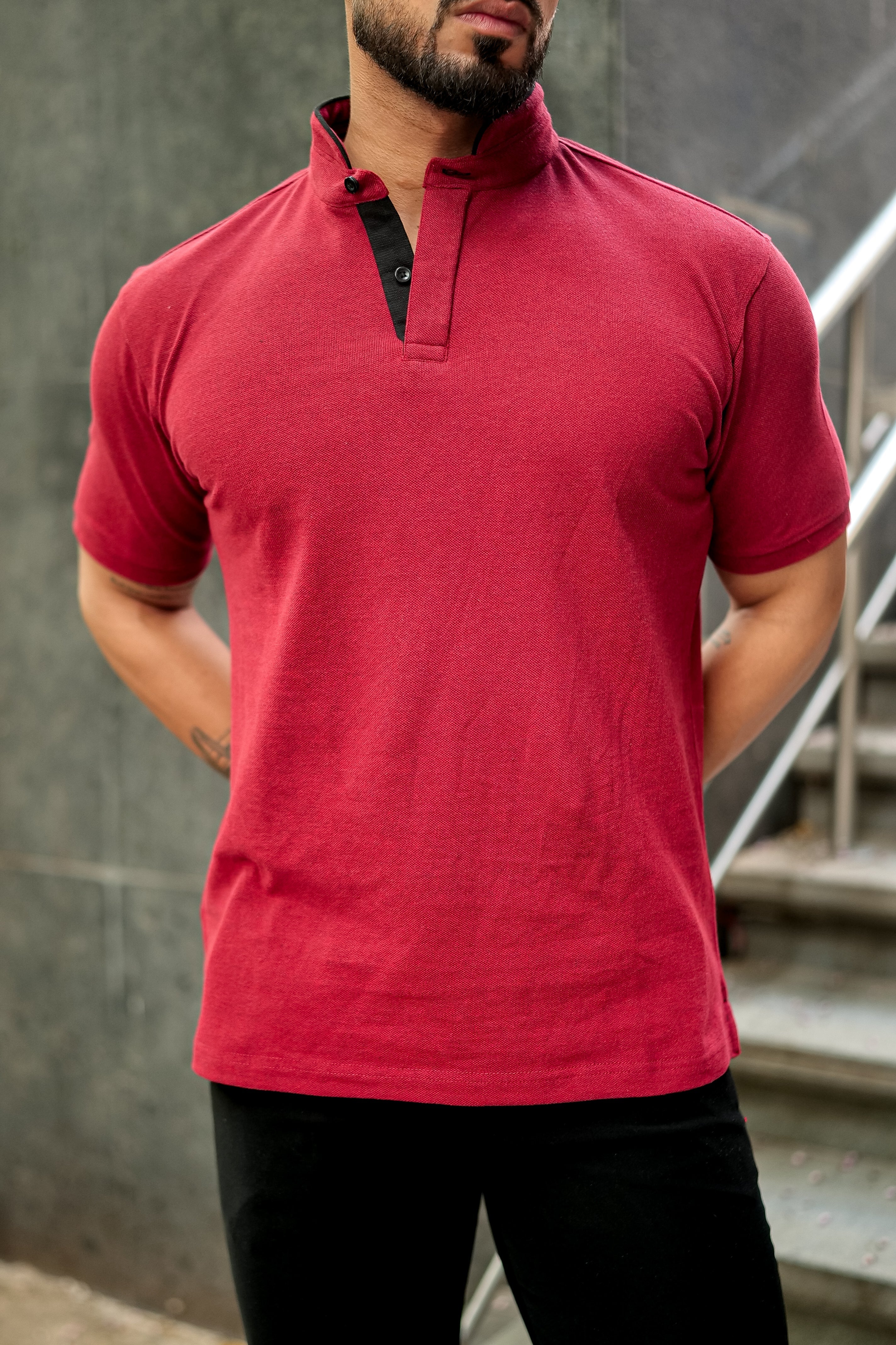 Maroon Mandarin Collar Tinted Fabric Henley T-Shirt
