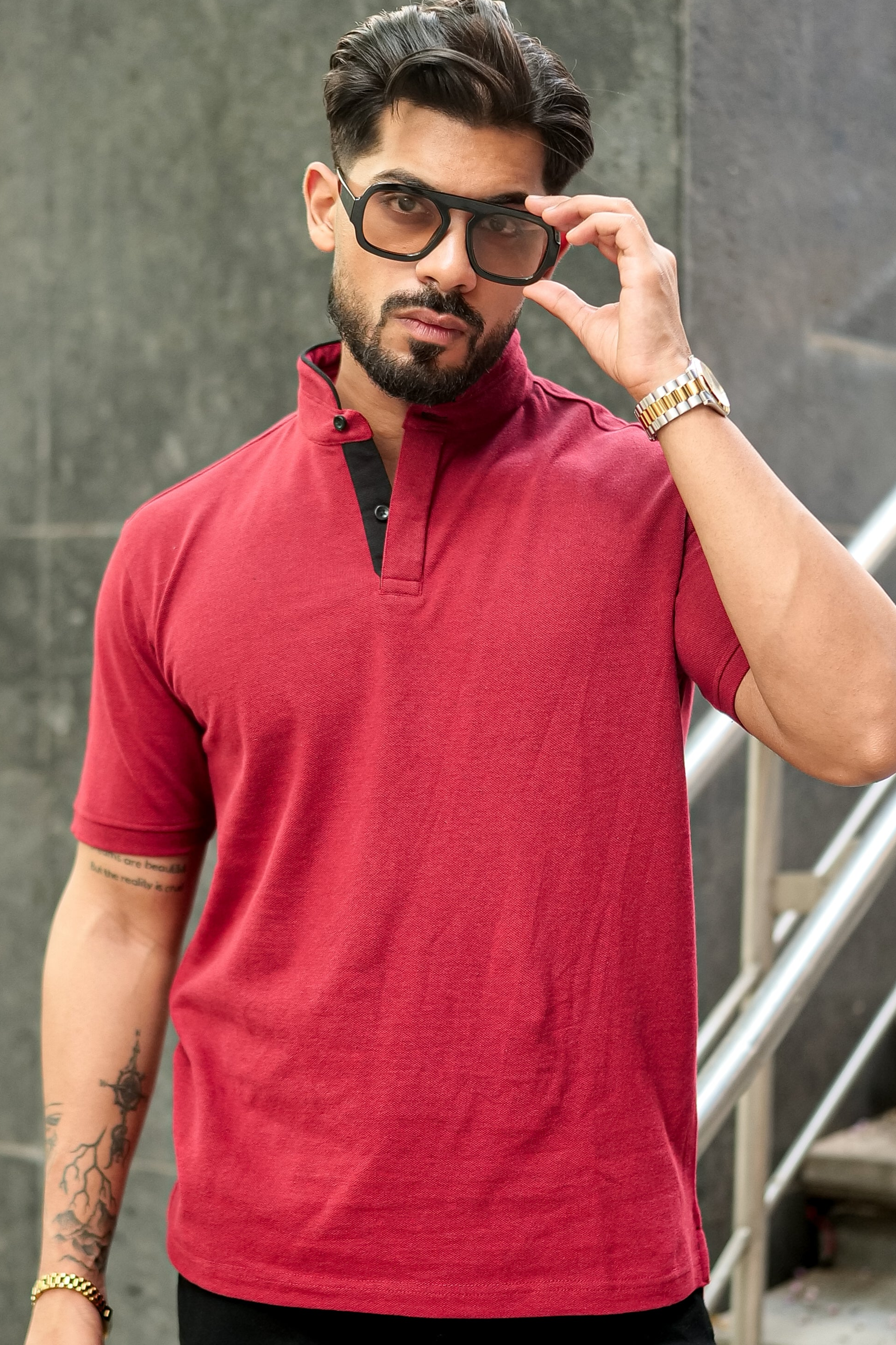 Maroon Mandarin Collar Tinted Fabric Henley T-Shirt