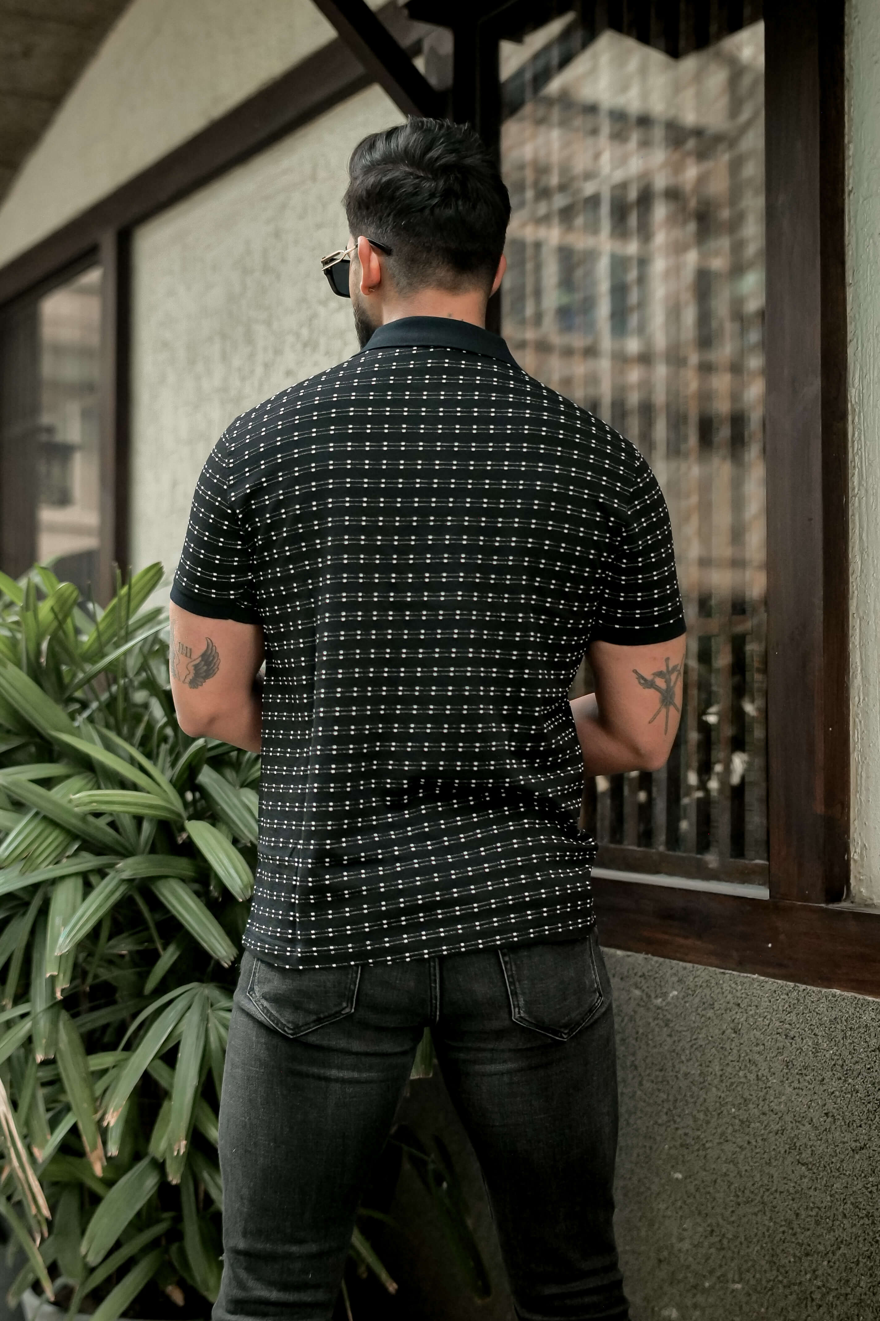 Black Self Design Polo T-Shirt