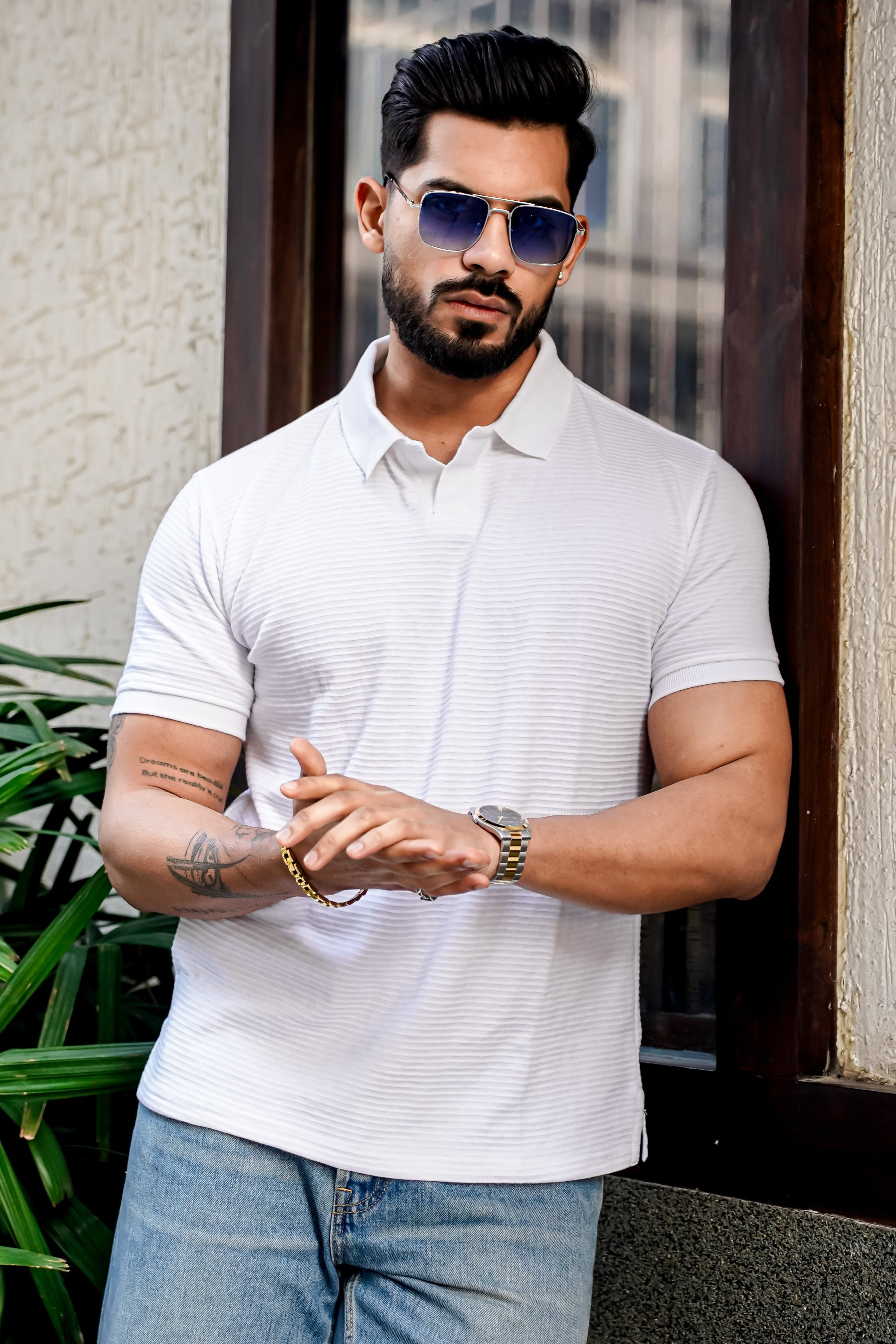 White Self Design Polo Neck T-Shirt