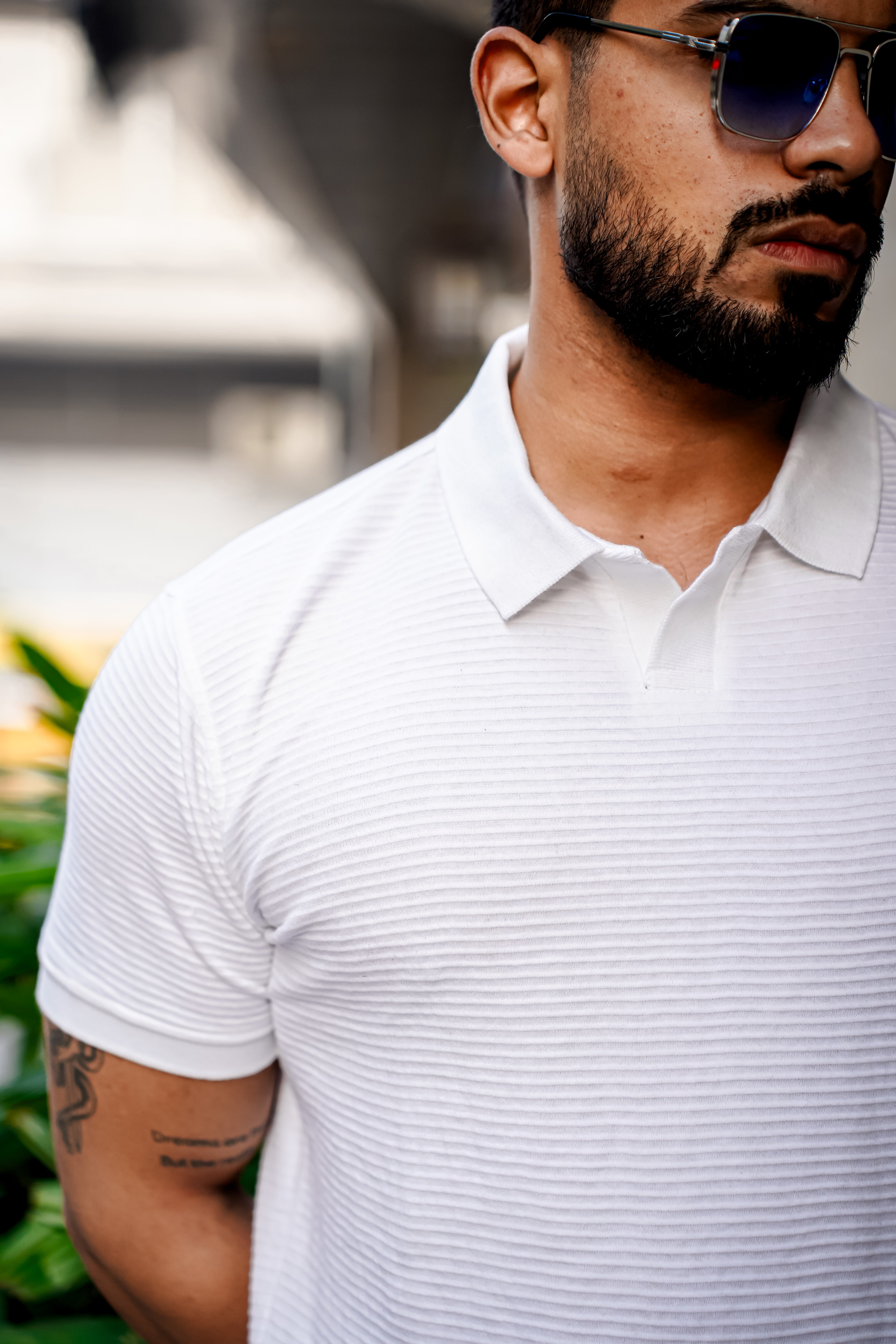 White Self Design Polo Neck T-Shirt