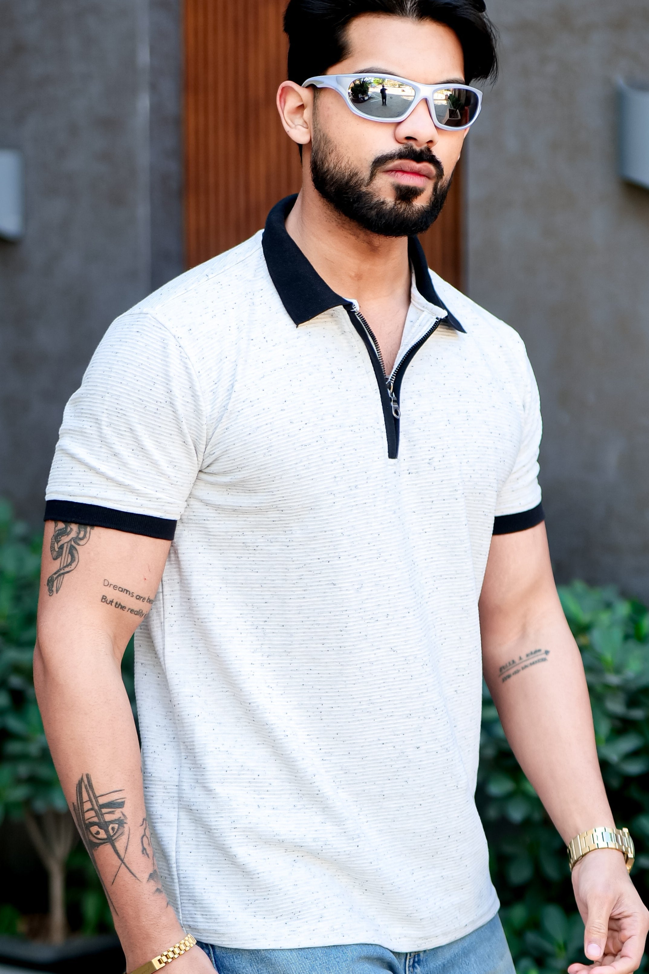 Cream Self Design Zipper Polo T-Shirt