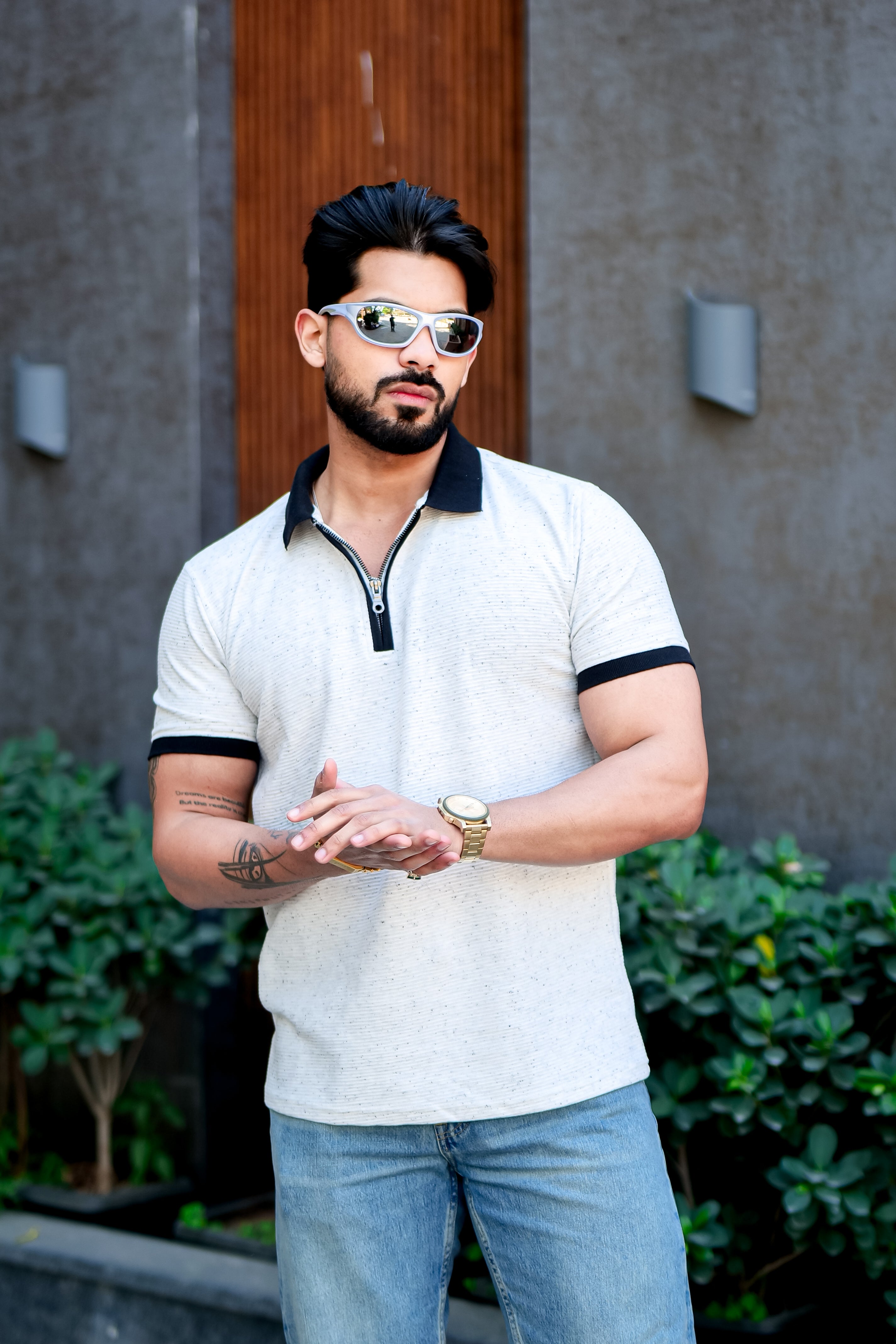 Cream Self Design Zipper Polo T-Shirt