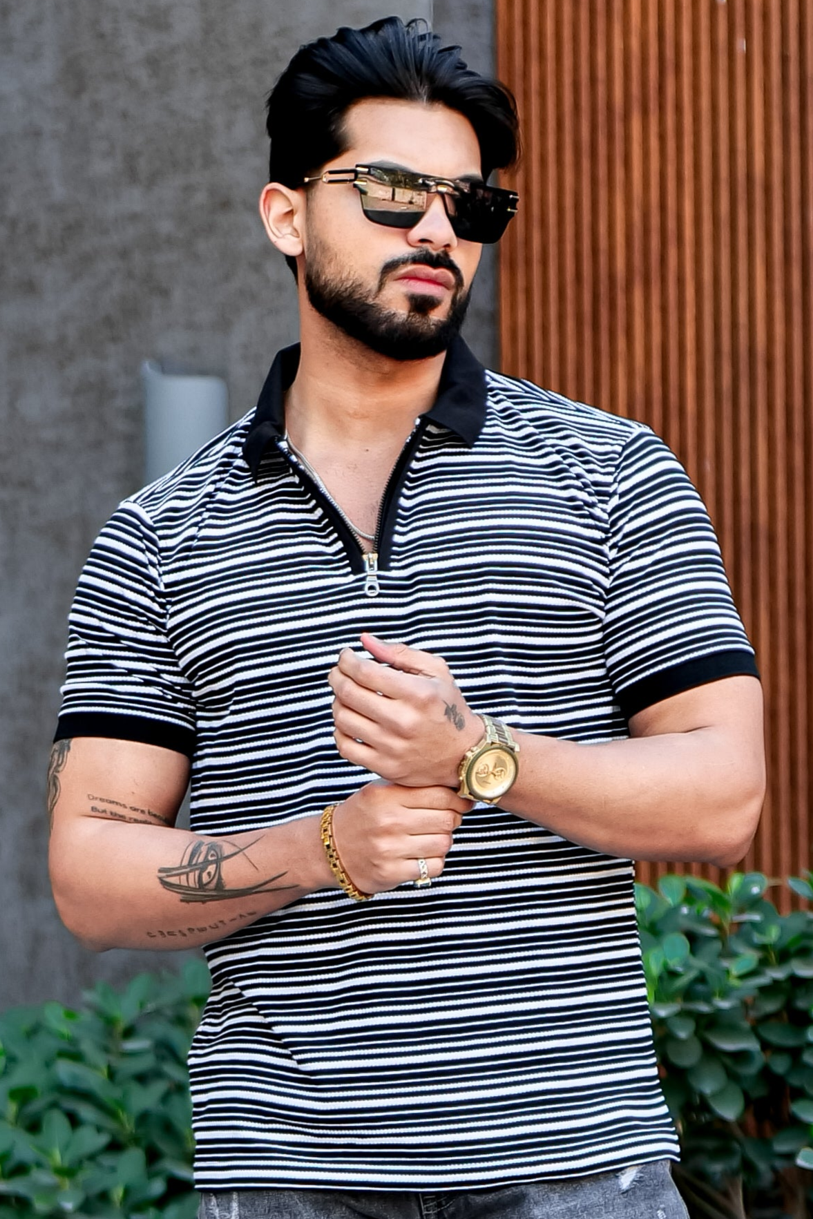 Black Striper Polo Neck Zipper T-Shirt