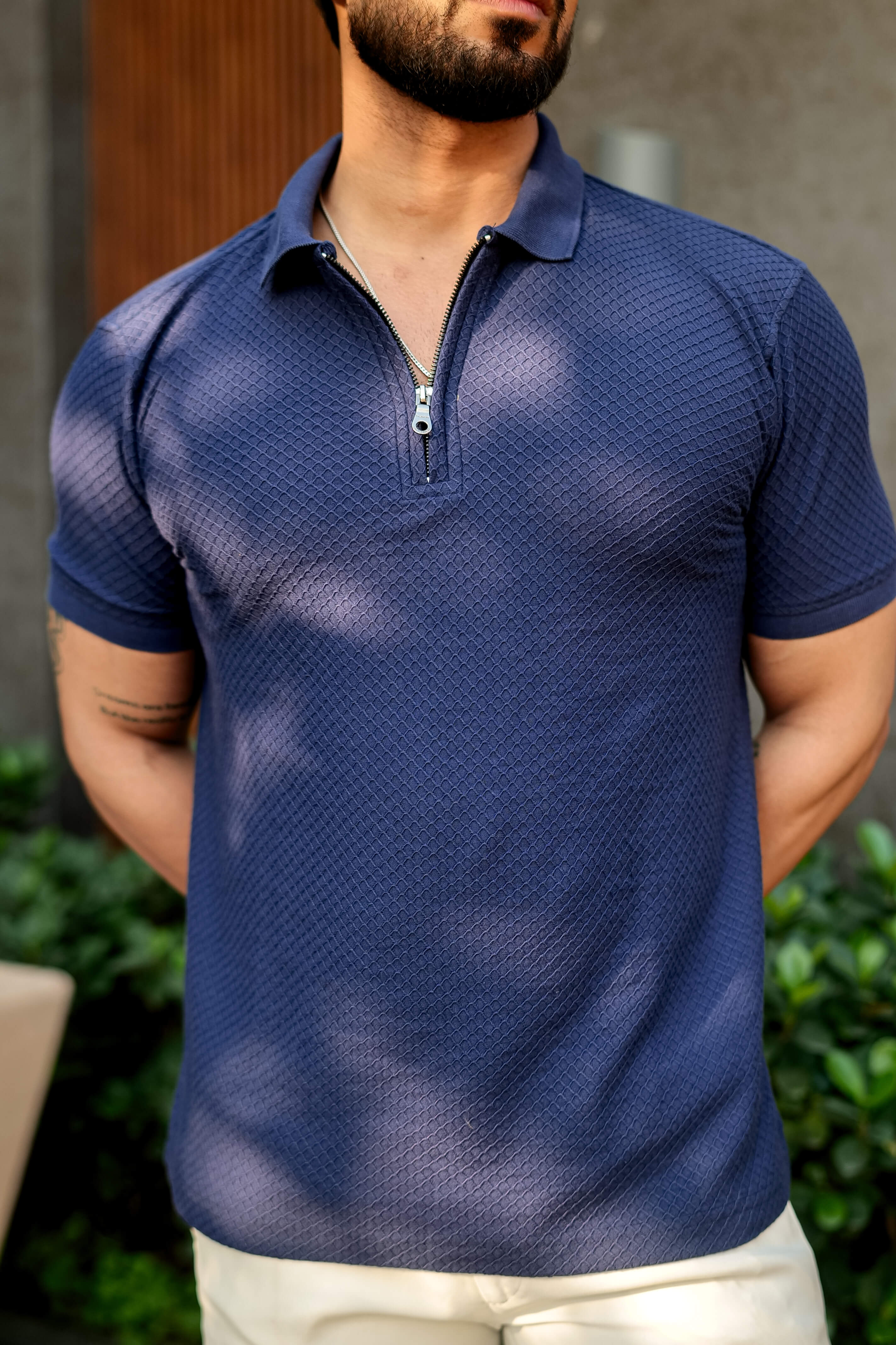 Navy Half Sleeve Zipper Polo Collar T-Shirt