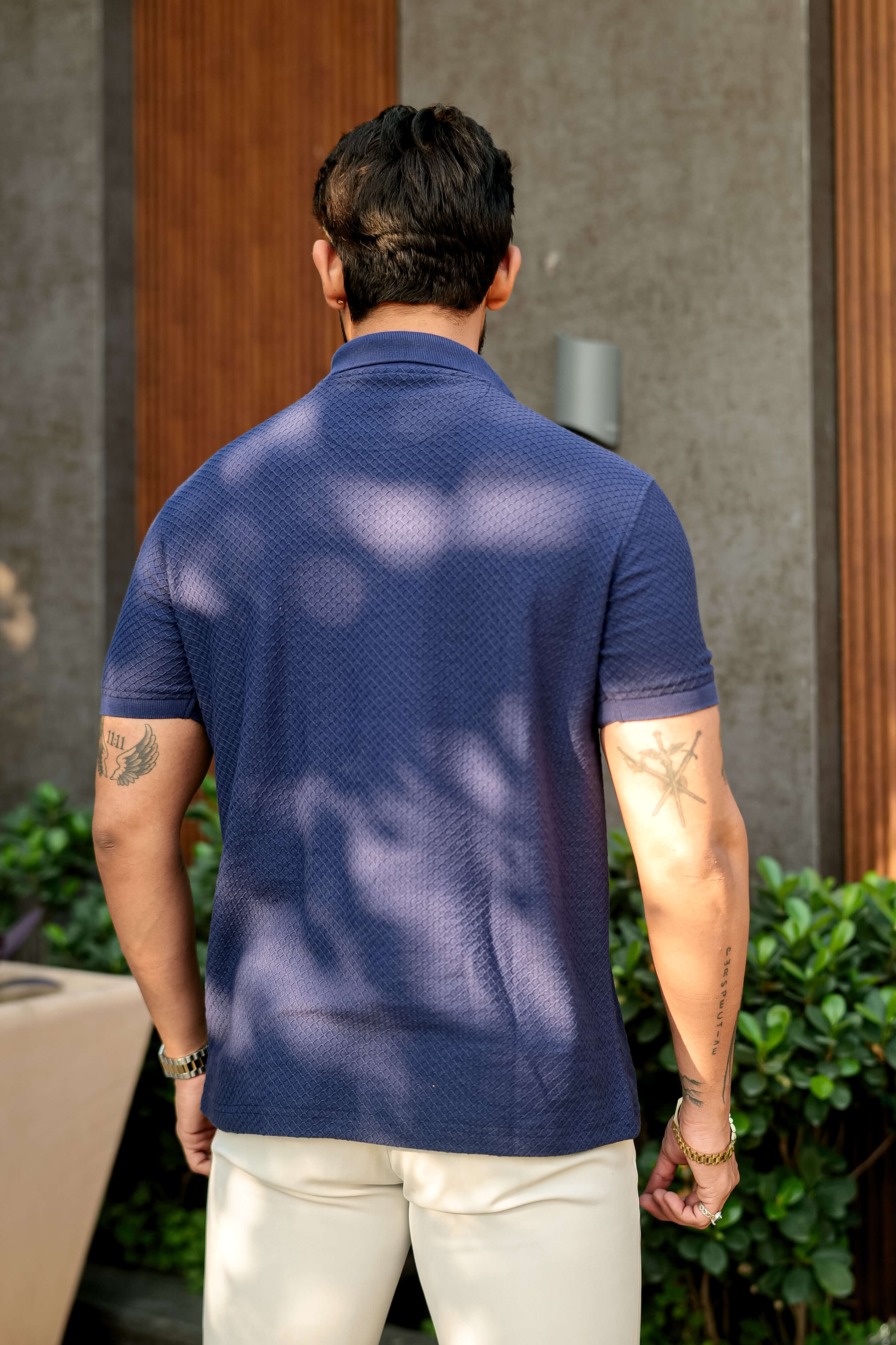 Navy Half Sleeve Zipper Polo Collar T-Shirt