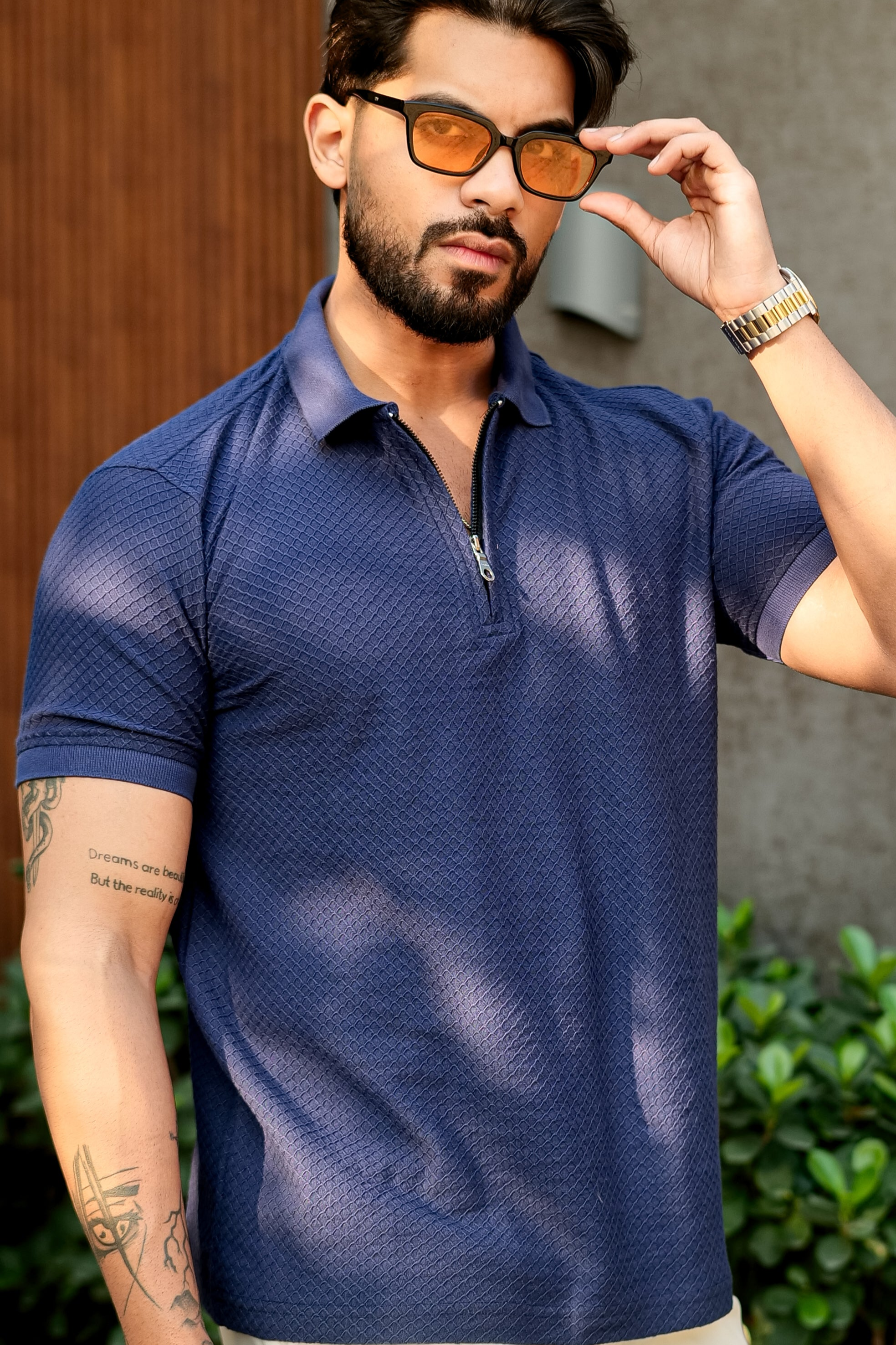 Navy Half Sleeve Zipper Polo Collar T-Shirt