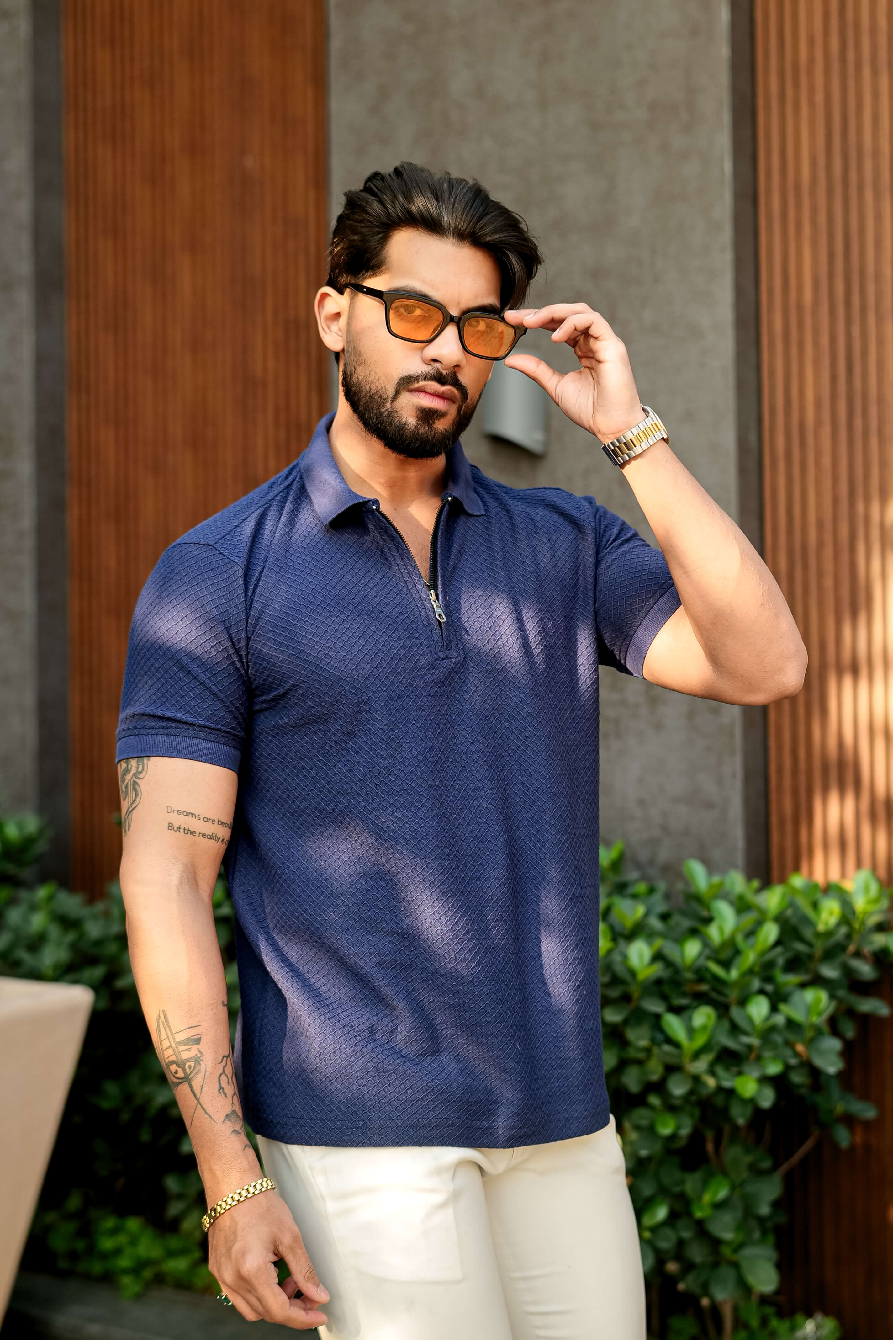 Navy Half Sleeve Zipper Polo Collar T-Shirt