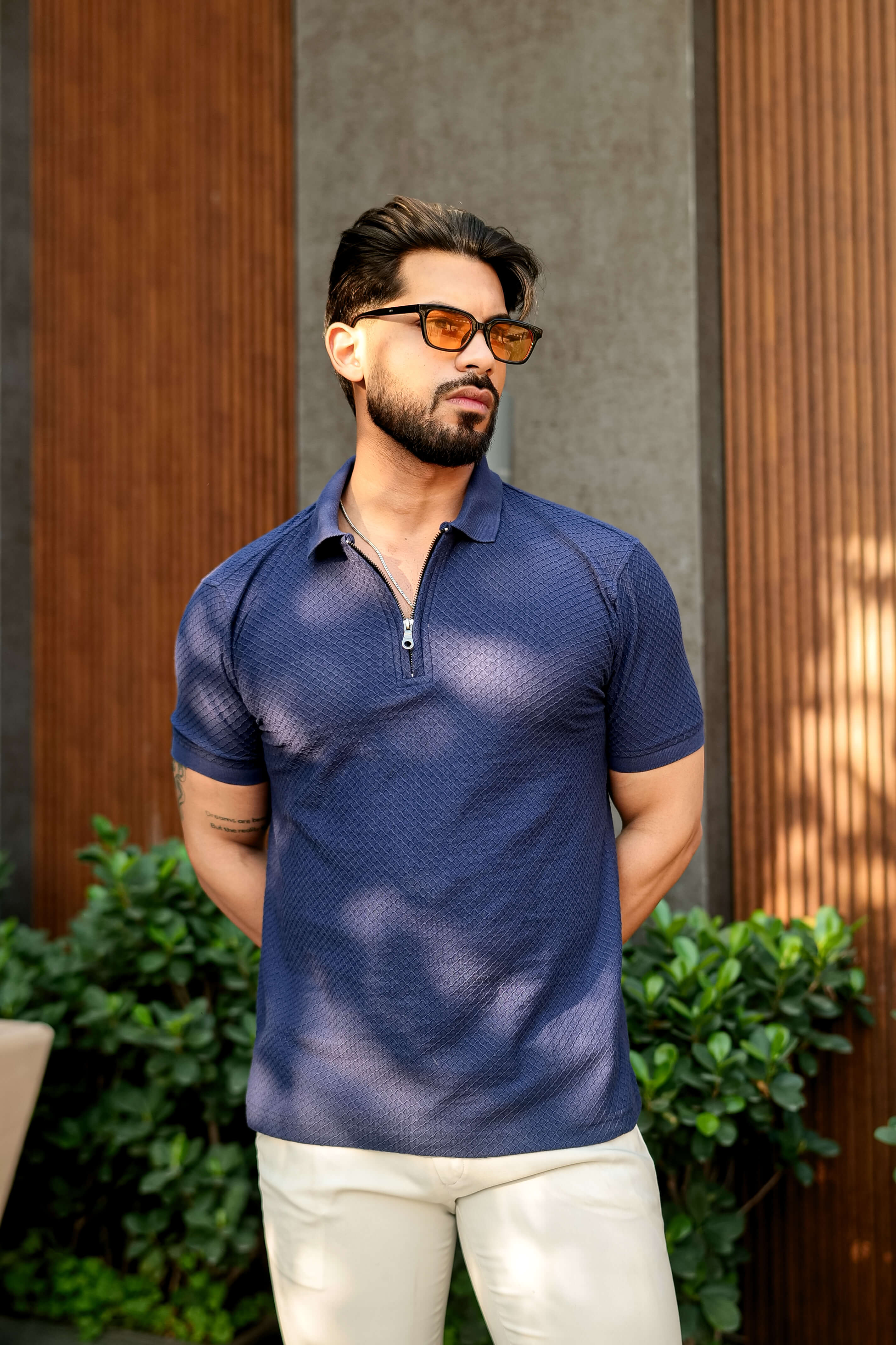 Navy Half Sleeve Zipper Polo Collar T-Shirt