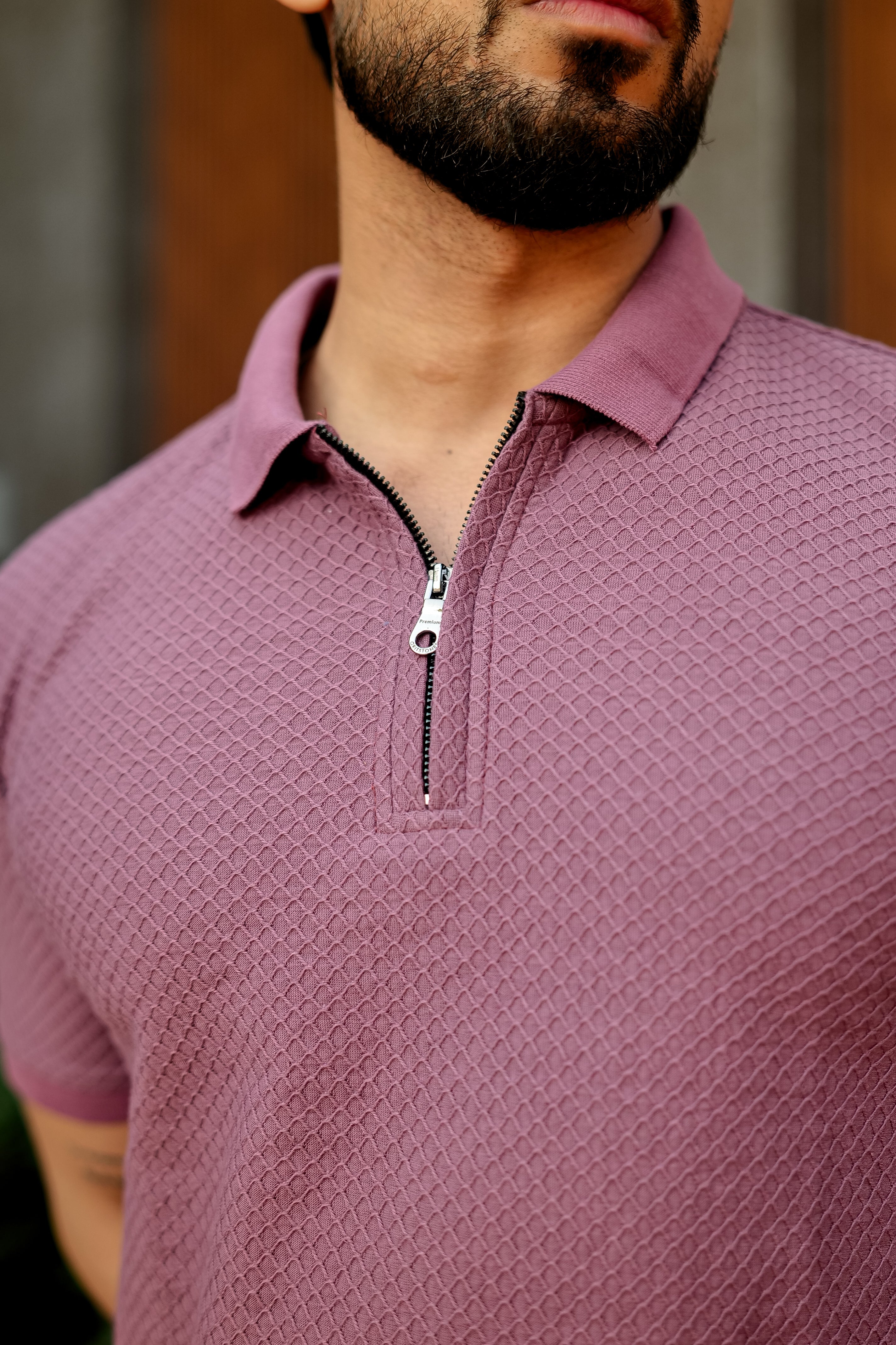 Onion Pink Cotton Half Sleeve Zipper Polo T-Shirt
