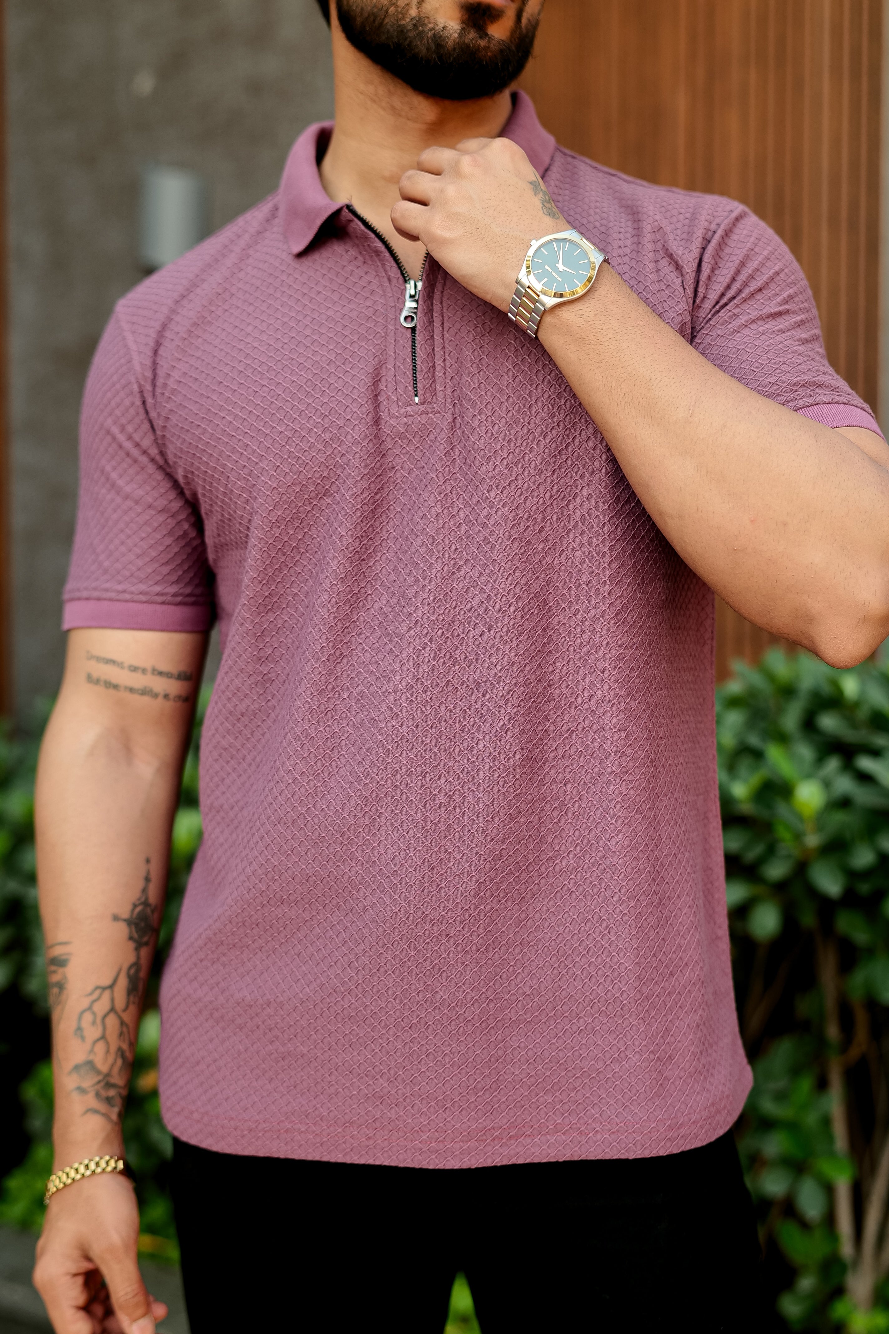 Onion Pink Cotton Half Sleeve Zipper Polo T-Shirt