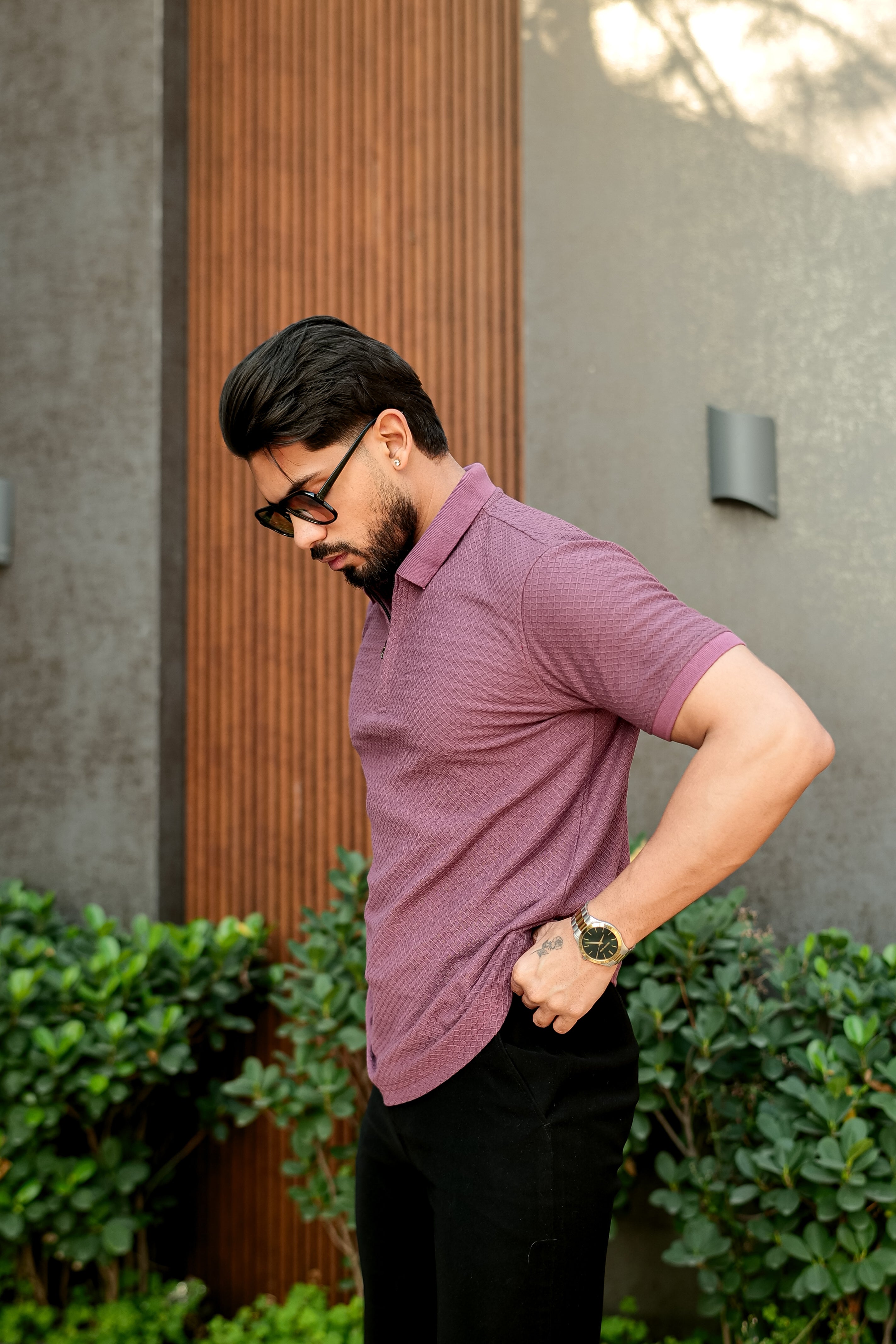 Onion Pink Cotton Half Sleeve Zipper Polo T-Shirt